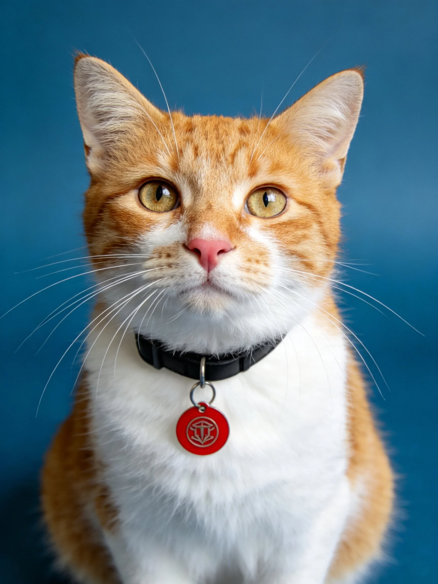 An orange and white cat with a black collar and red tag is photographed against a blue background.
