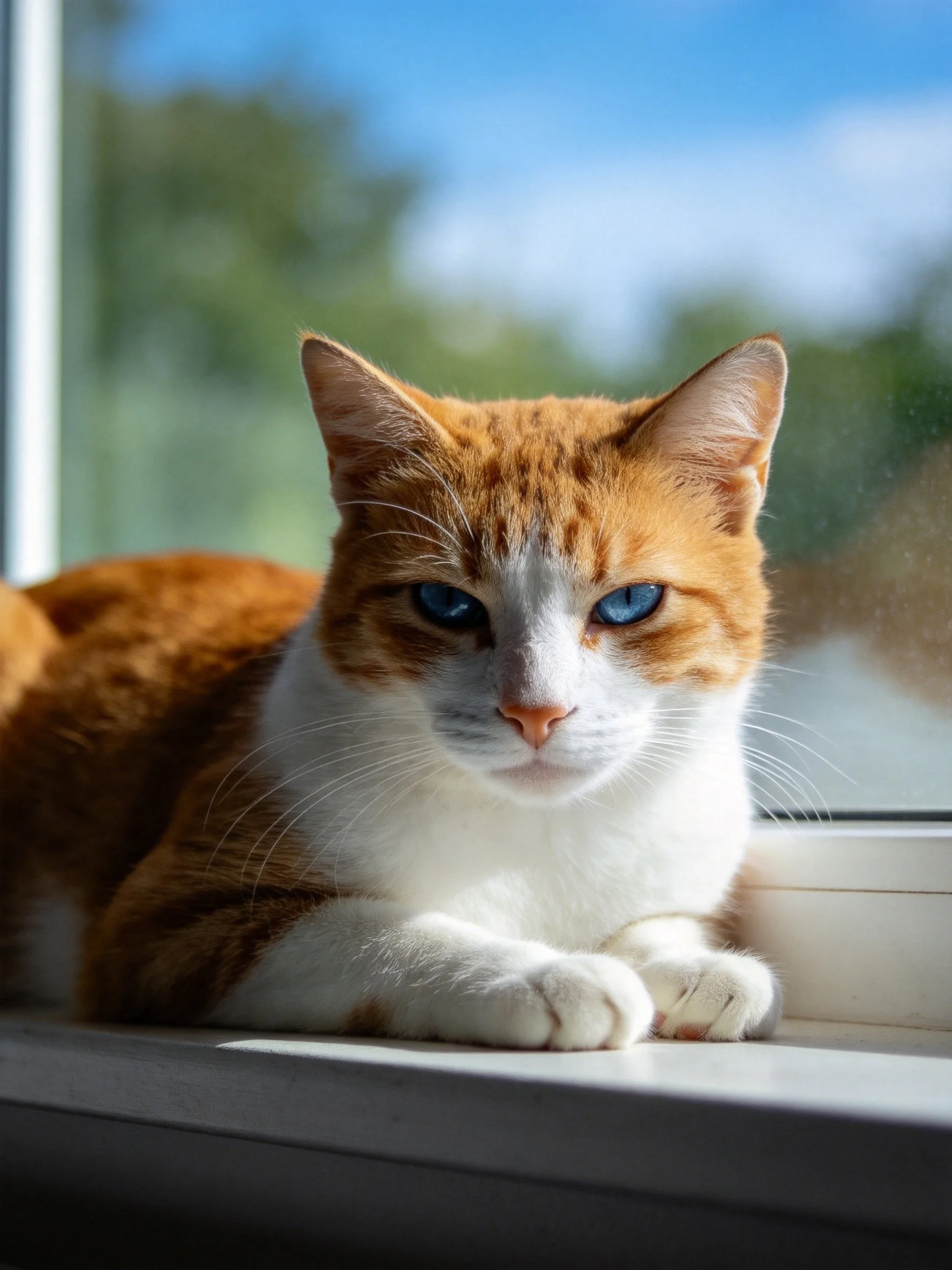 An orange and white cat with blue eyes relaxes near a window.