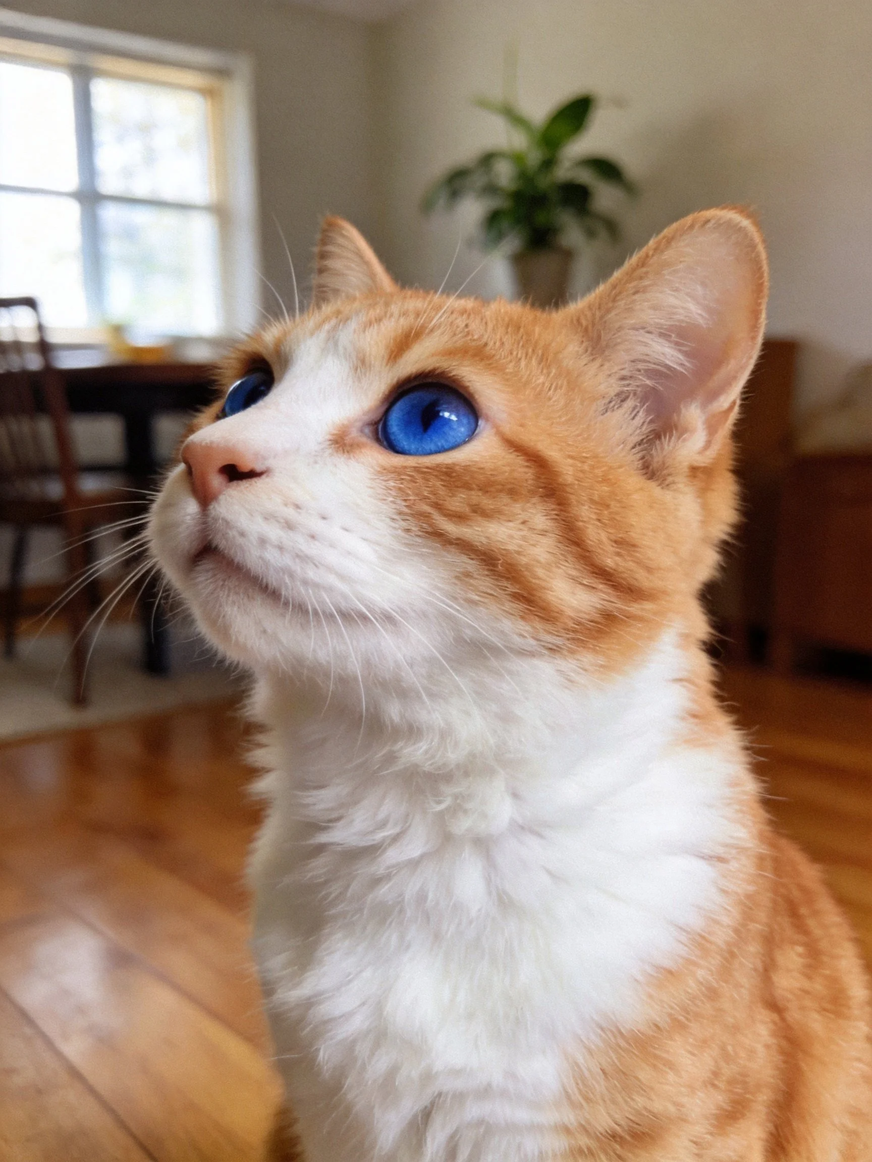 An orange and white cat with blue eyes looks upward in a cozy home