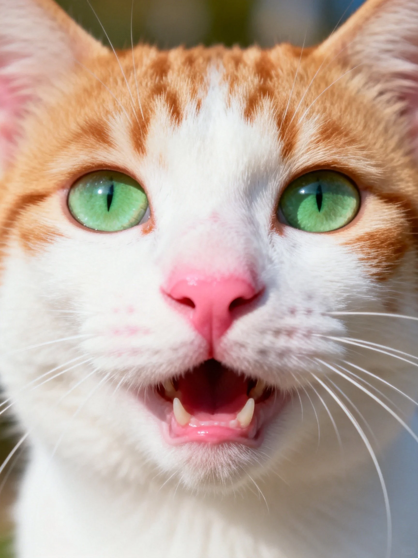 Close - up of an orange and white cat with green eyes showing an open mouth.