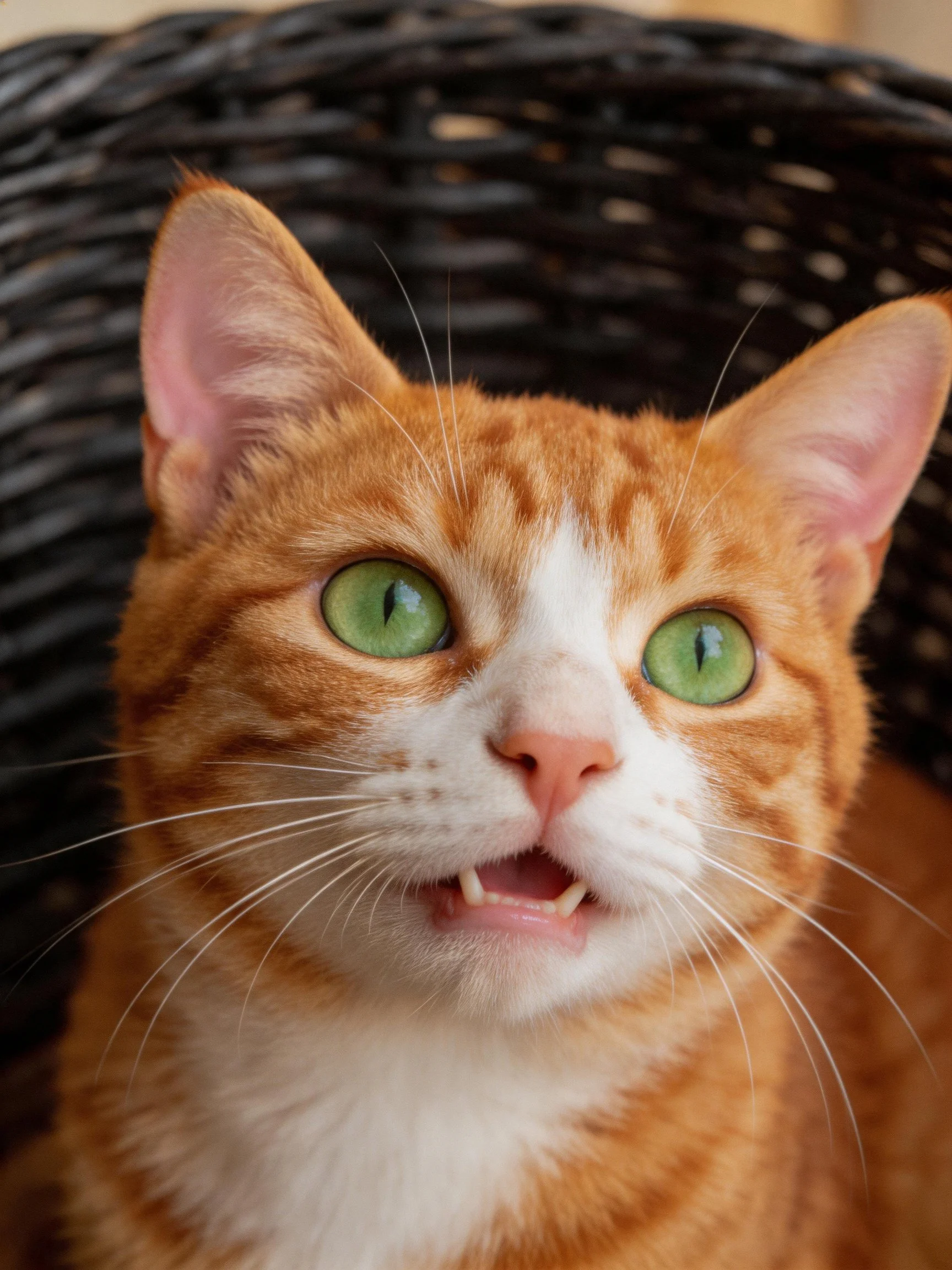 An orange and white cat with green eyes rests inside a dark wicker basket.