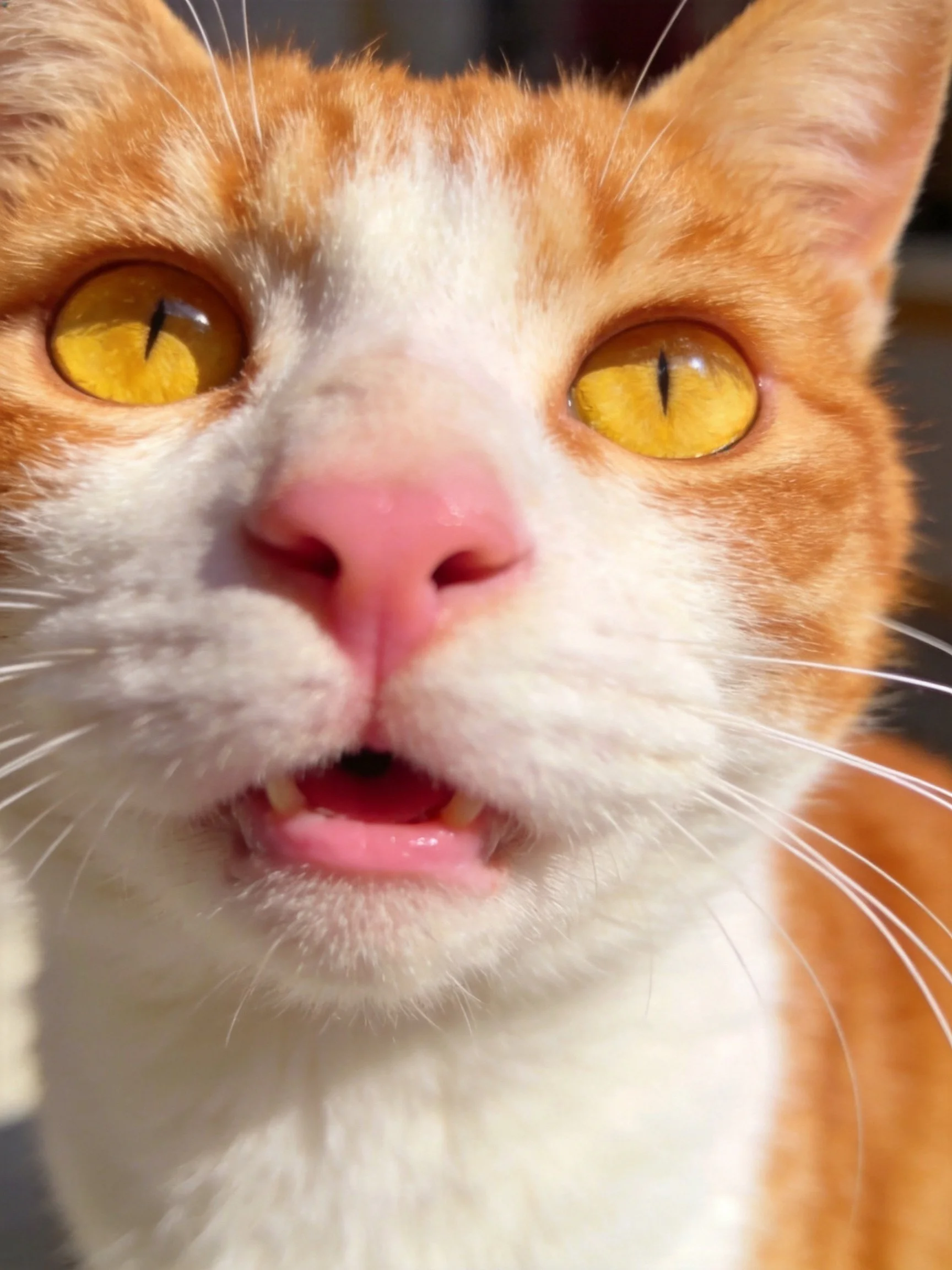 Close - up of an orange and white cat with yellow eyes and an open mouth