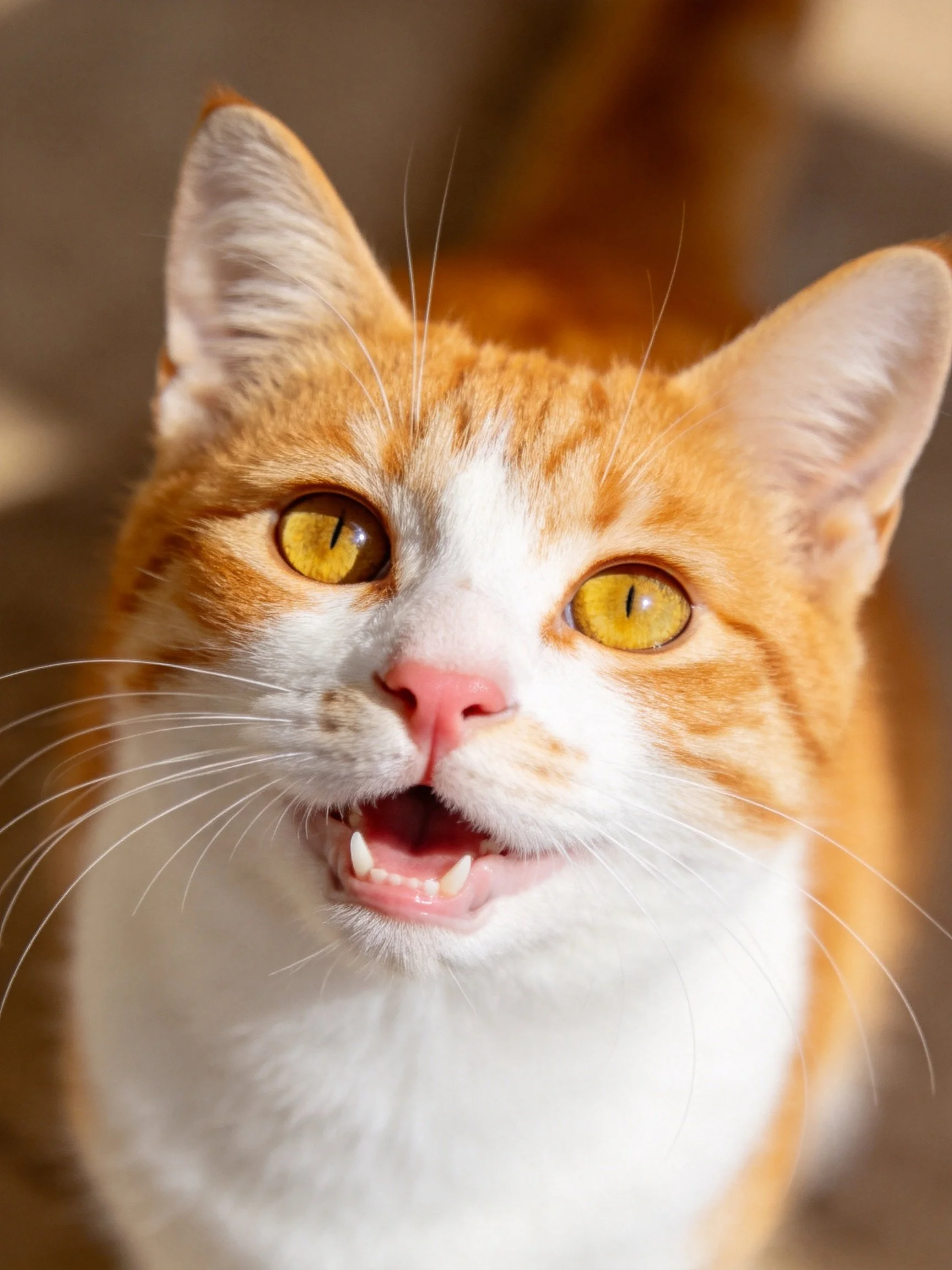 An orange and white cat displays an expressive facial expression.