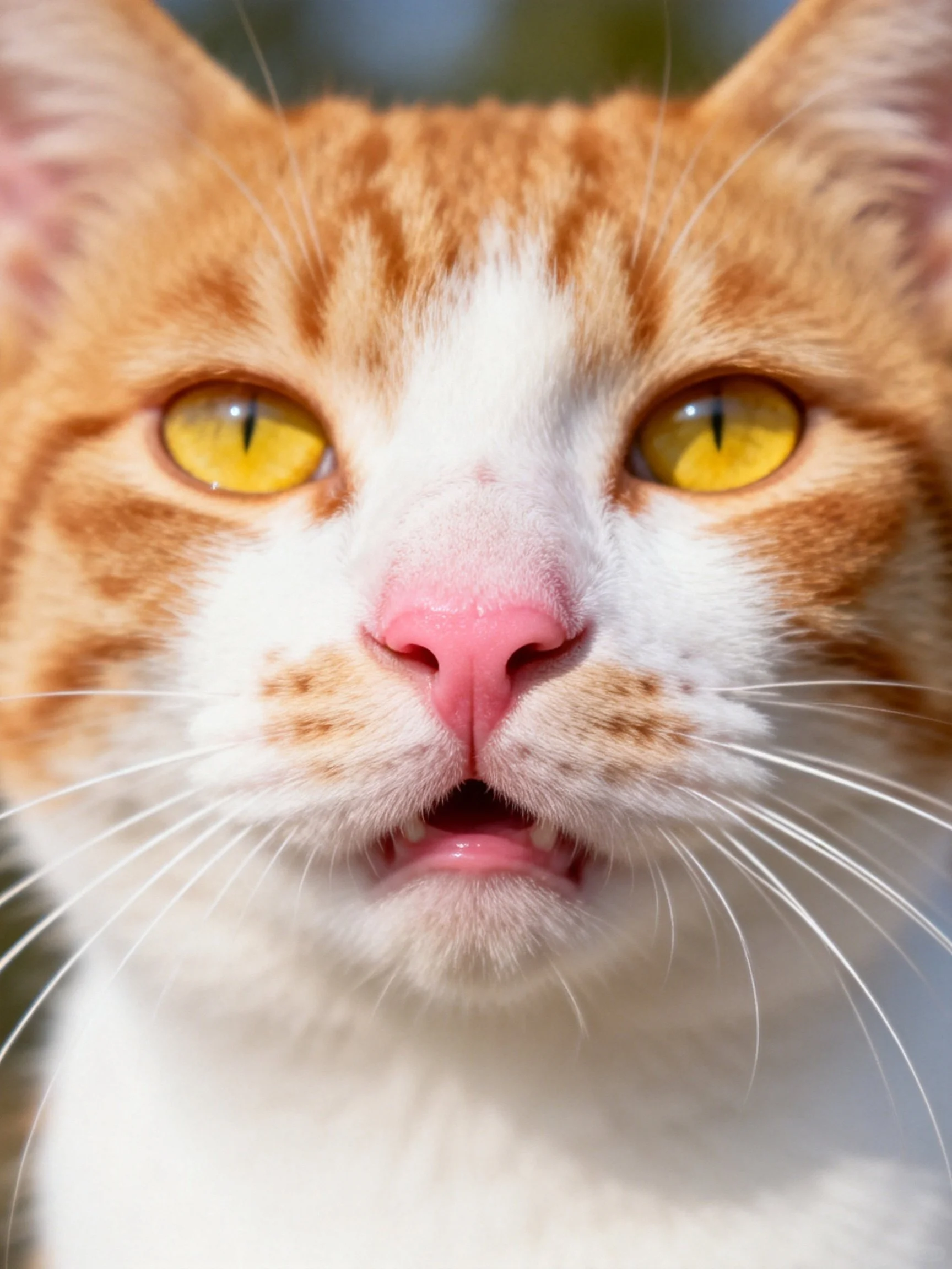 A close-up of an orange and white cat with bright yellow eyes.