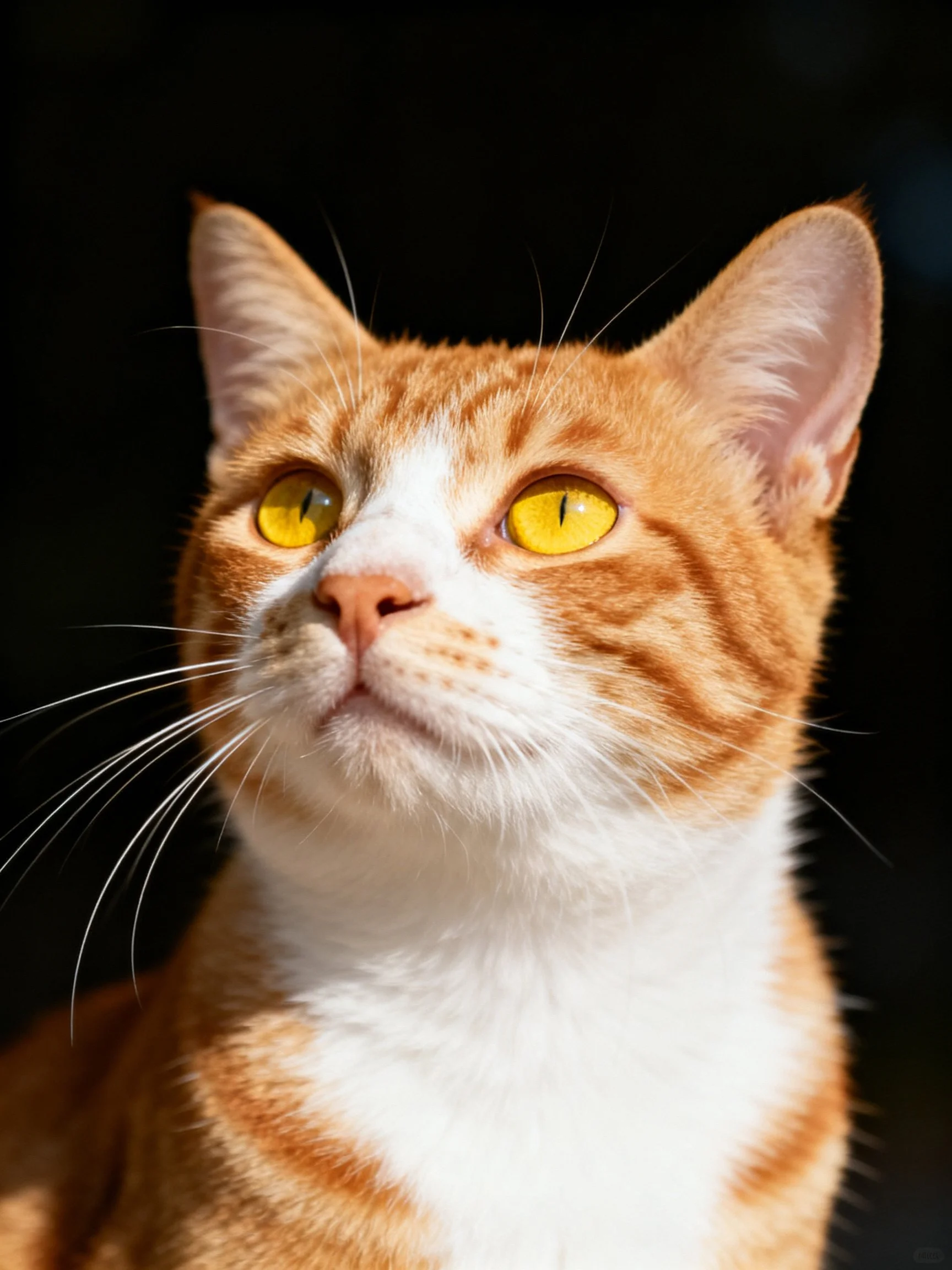 Close - up of an orange and white cat with bright yellow eyes.