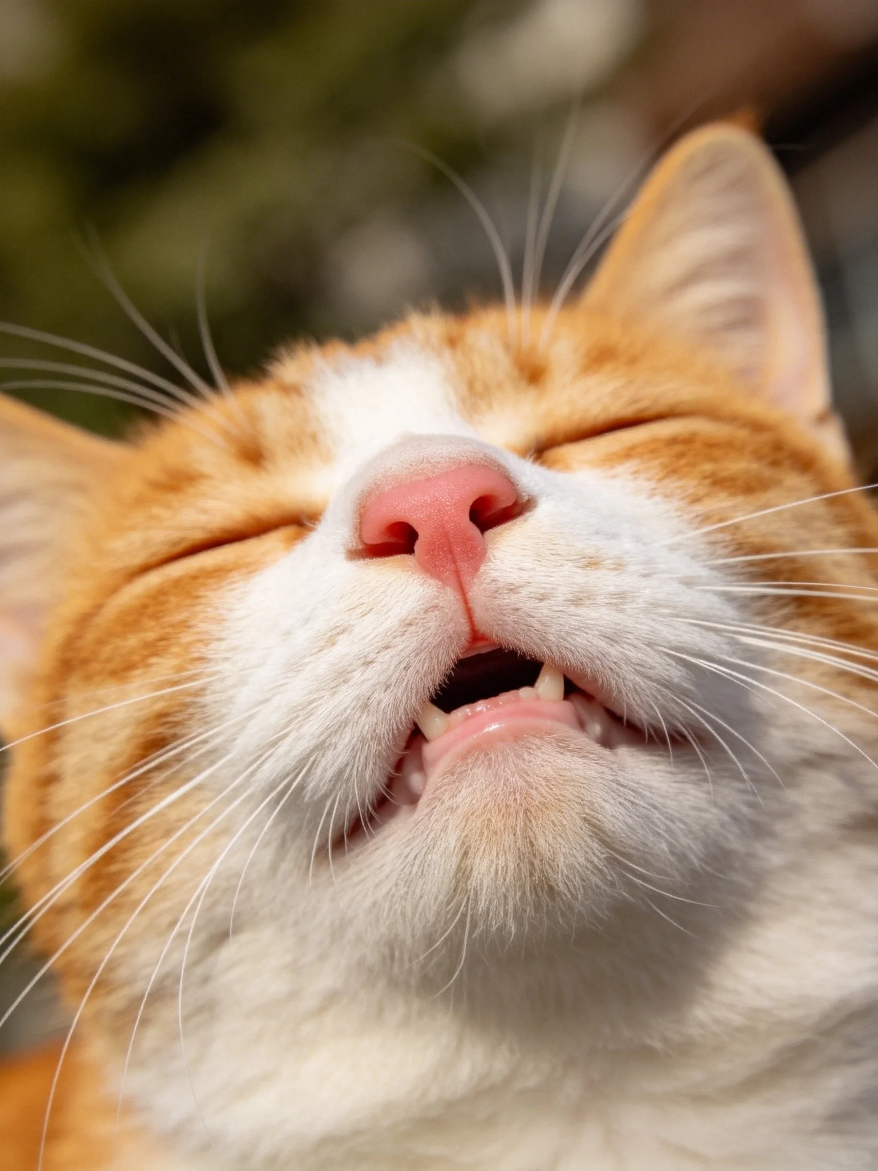 Orange and white cat with closed eyes, pink nose, and visible teeth
