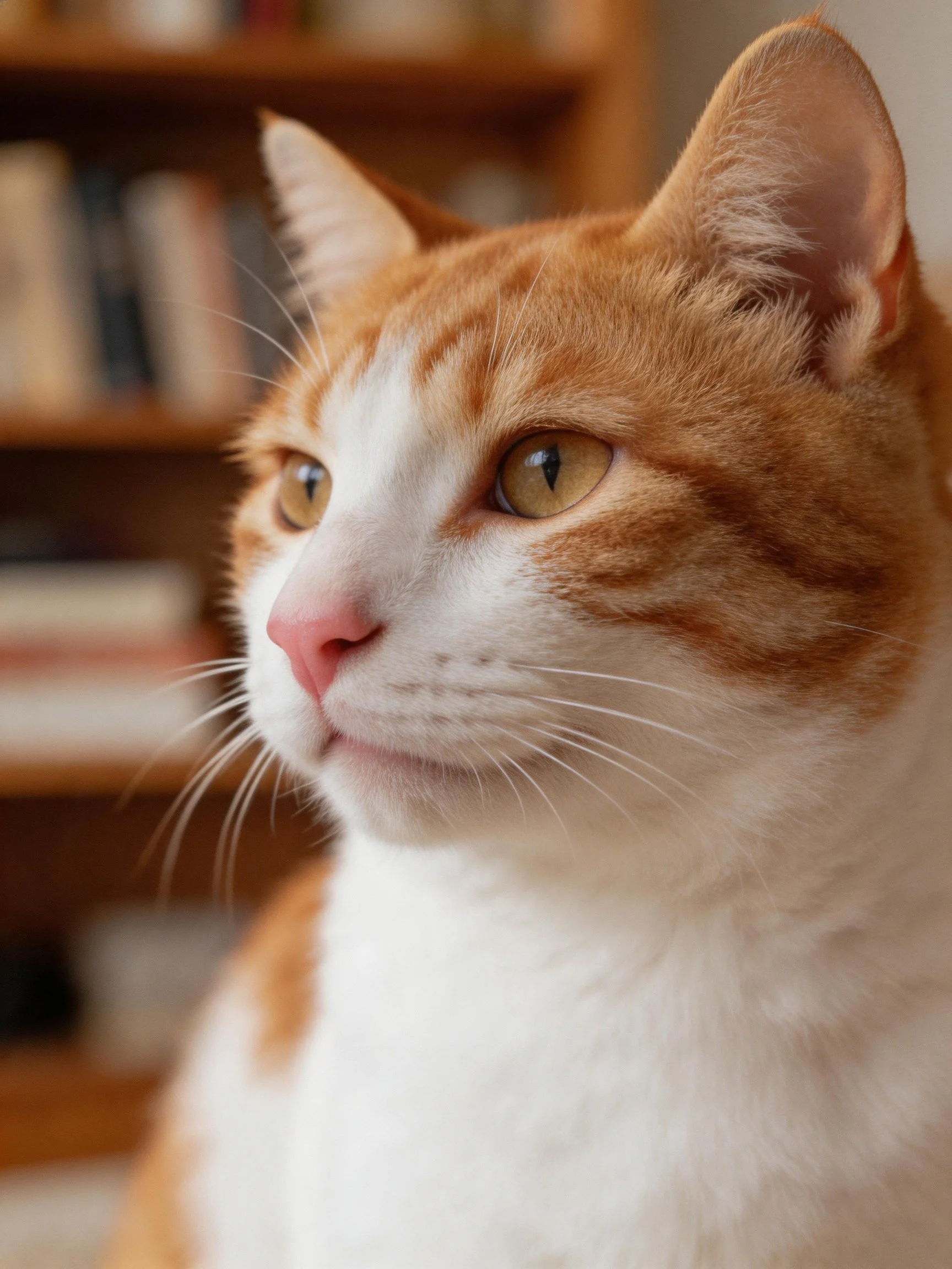 An orange and white cat with golden eyes sits near a wooden bookshelf.