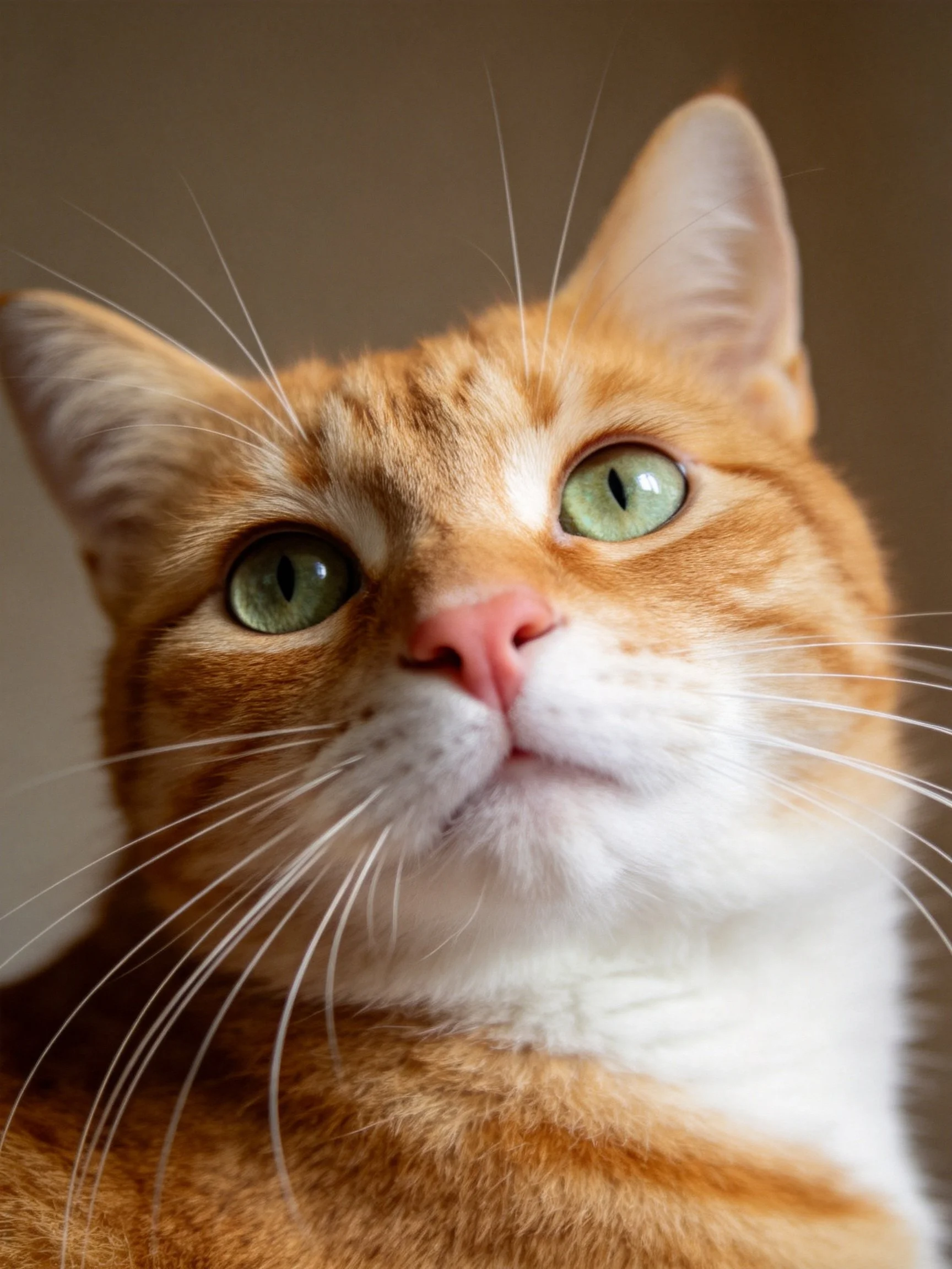 A close - up photograph of an orange and white cat with green eyes.