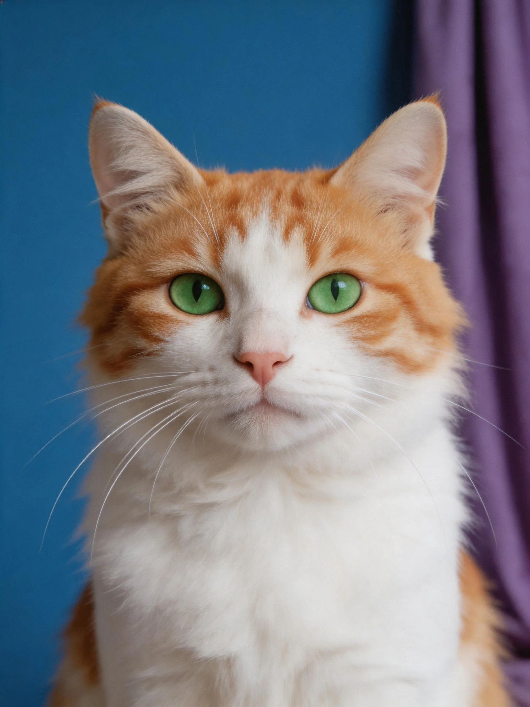 An orange and white cat with green eyes is near blue and purple drapery.