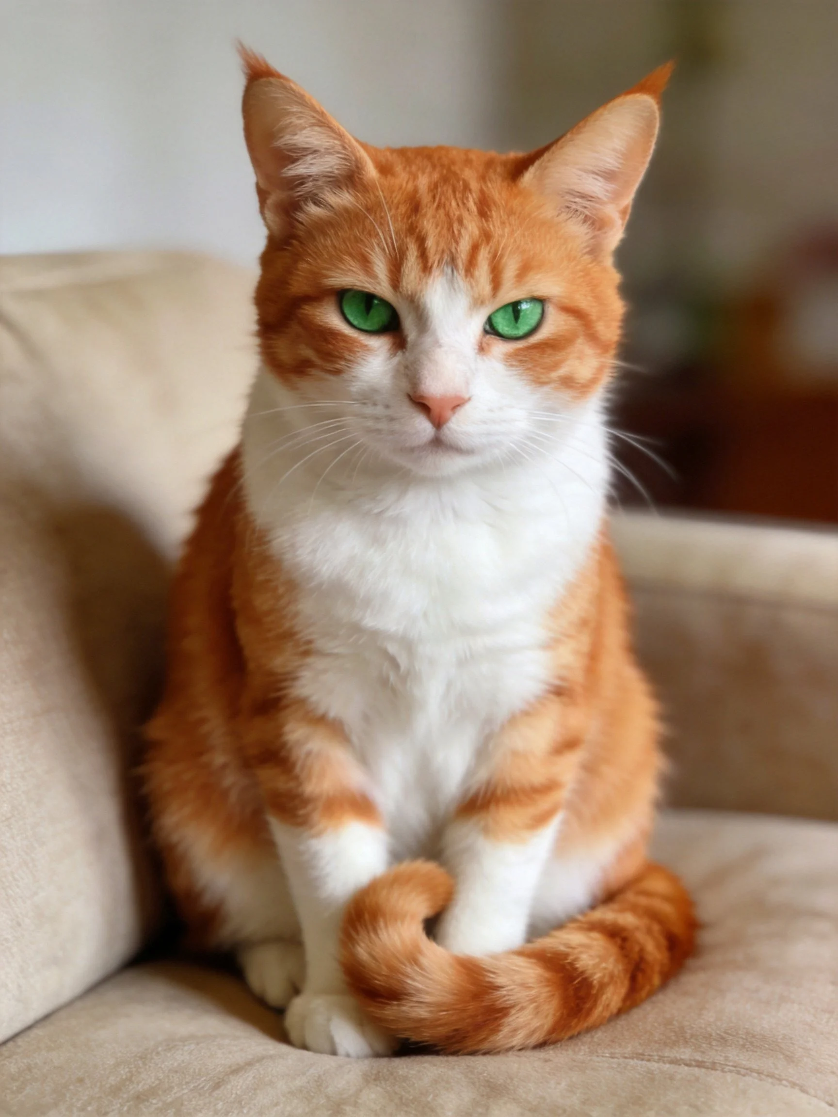 An orange and white cat with green eyes sits on a beige couch.