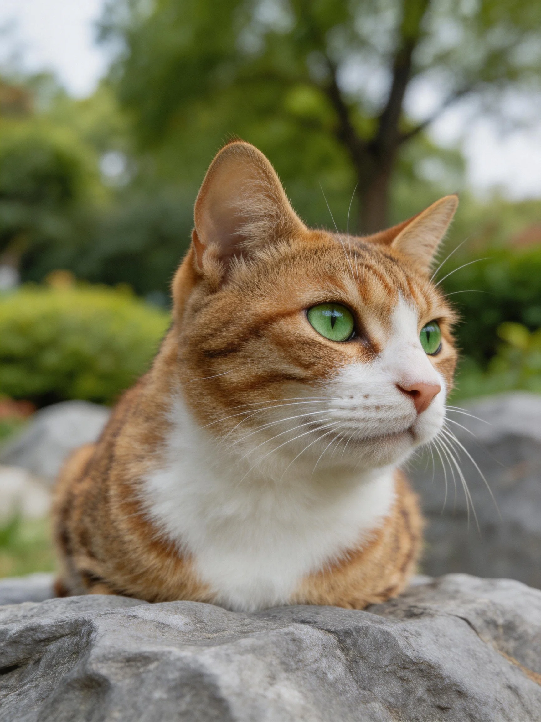 An orange and white cat with green eyes sits on rocks in a natural outdoor setting.