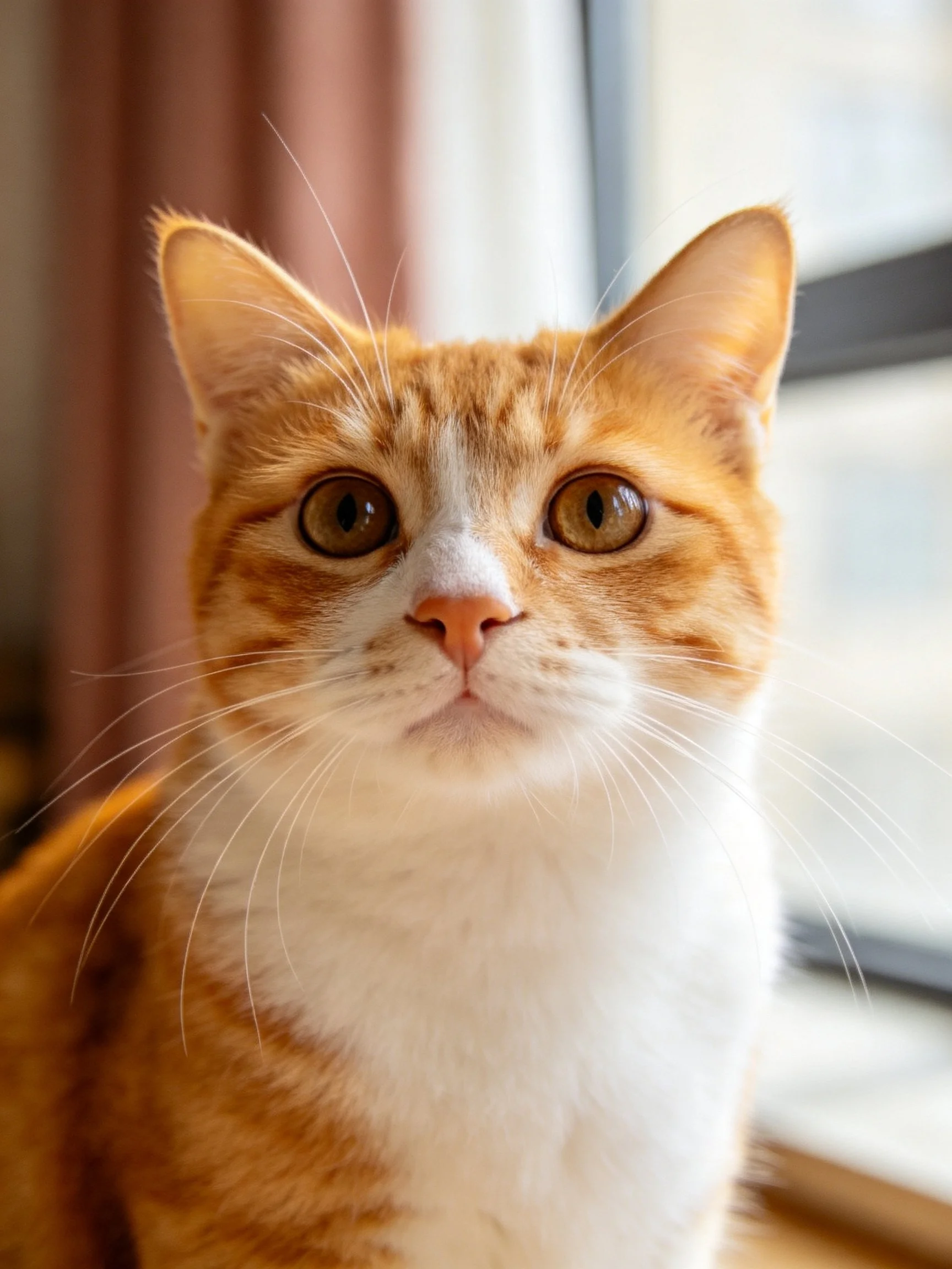An orange and white cat gazes directly at the camera near a window.
