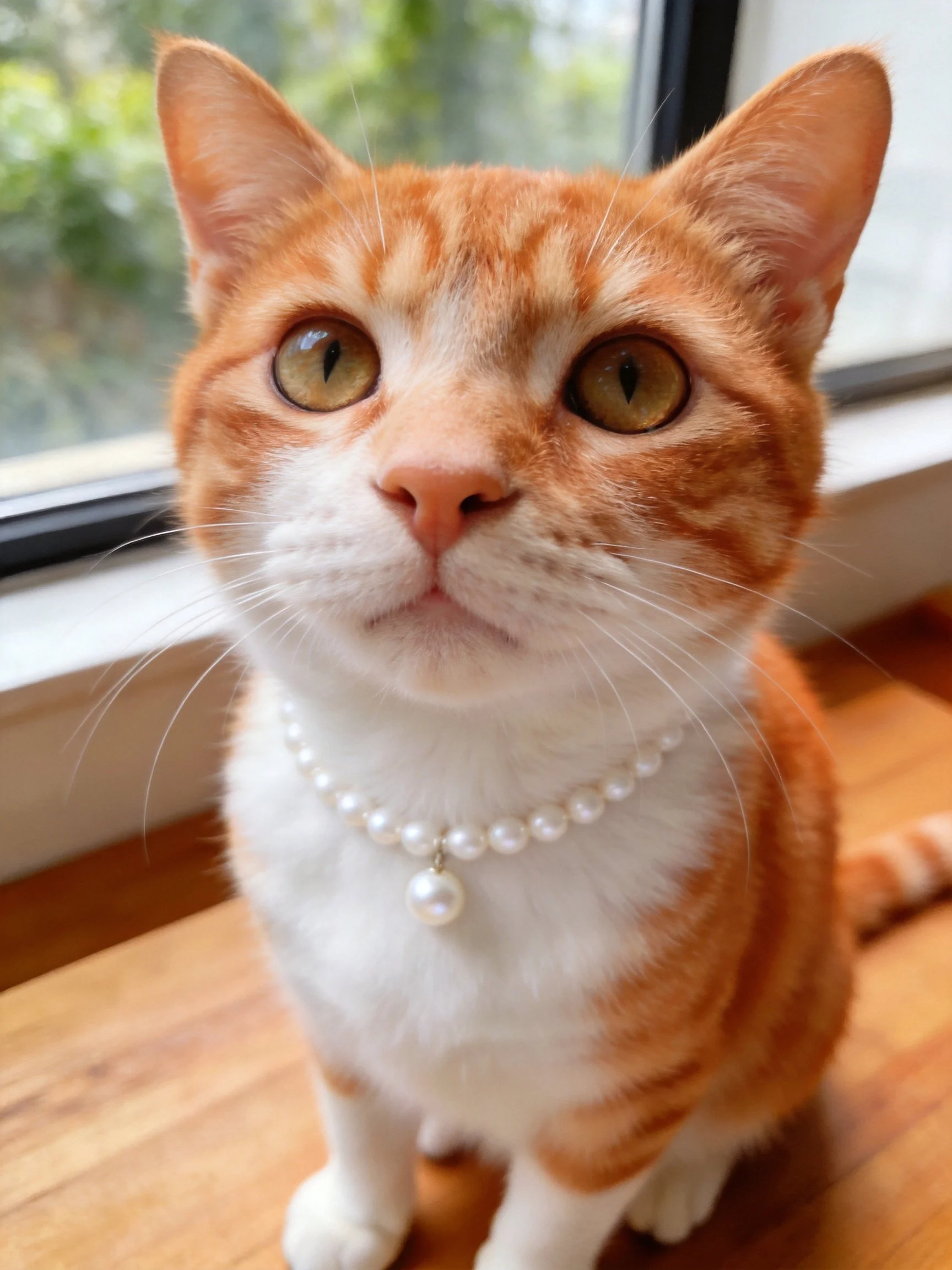 An orange and white cat wearing a pearl necklace sits near a window.