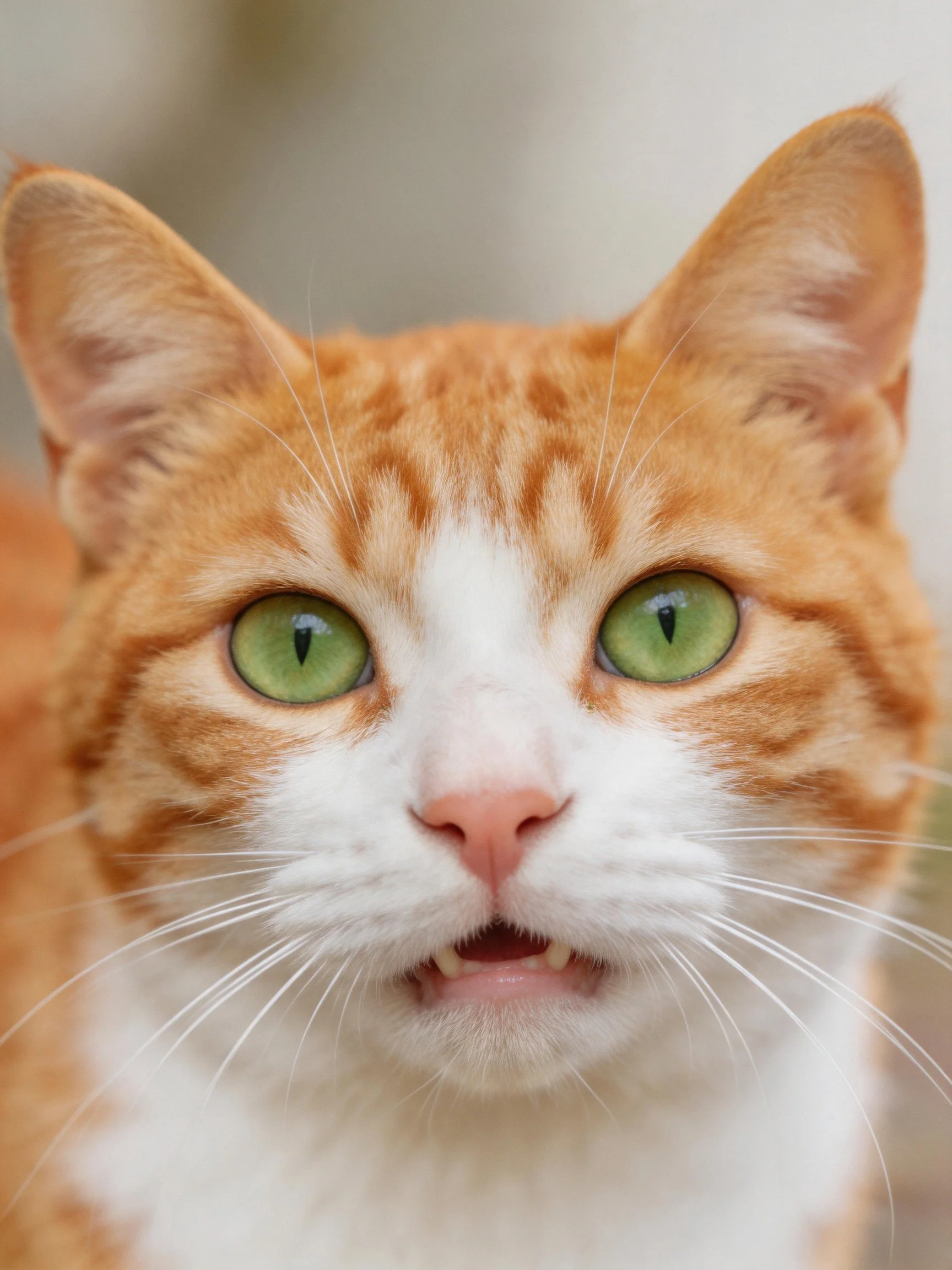 Close - up view of an orange and white cat with bright green eyes.