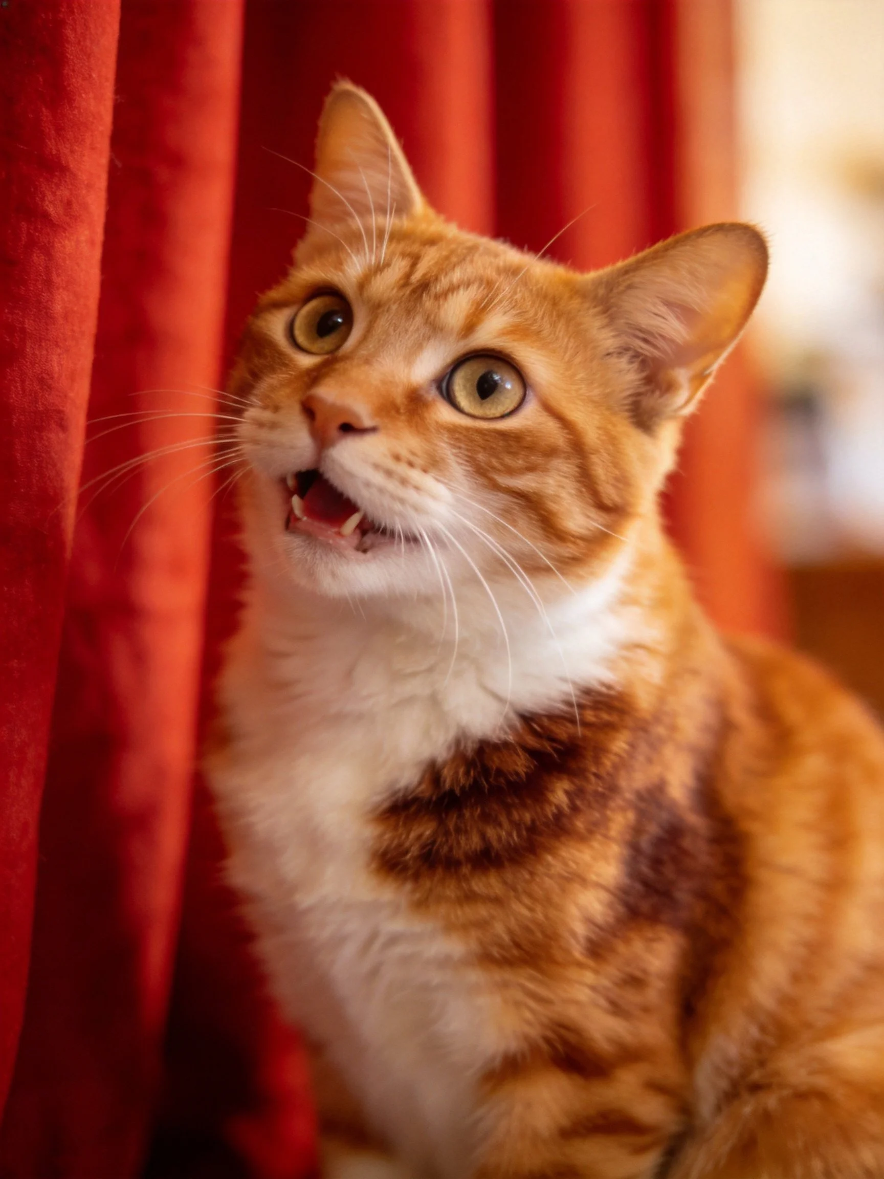Orange and white cat with wide eyes near red velvet curtains