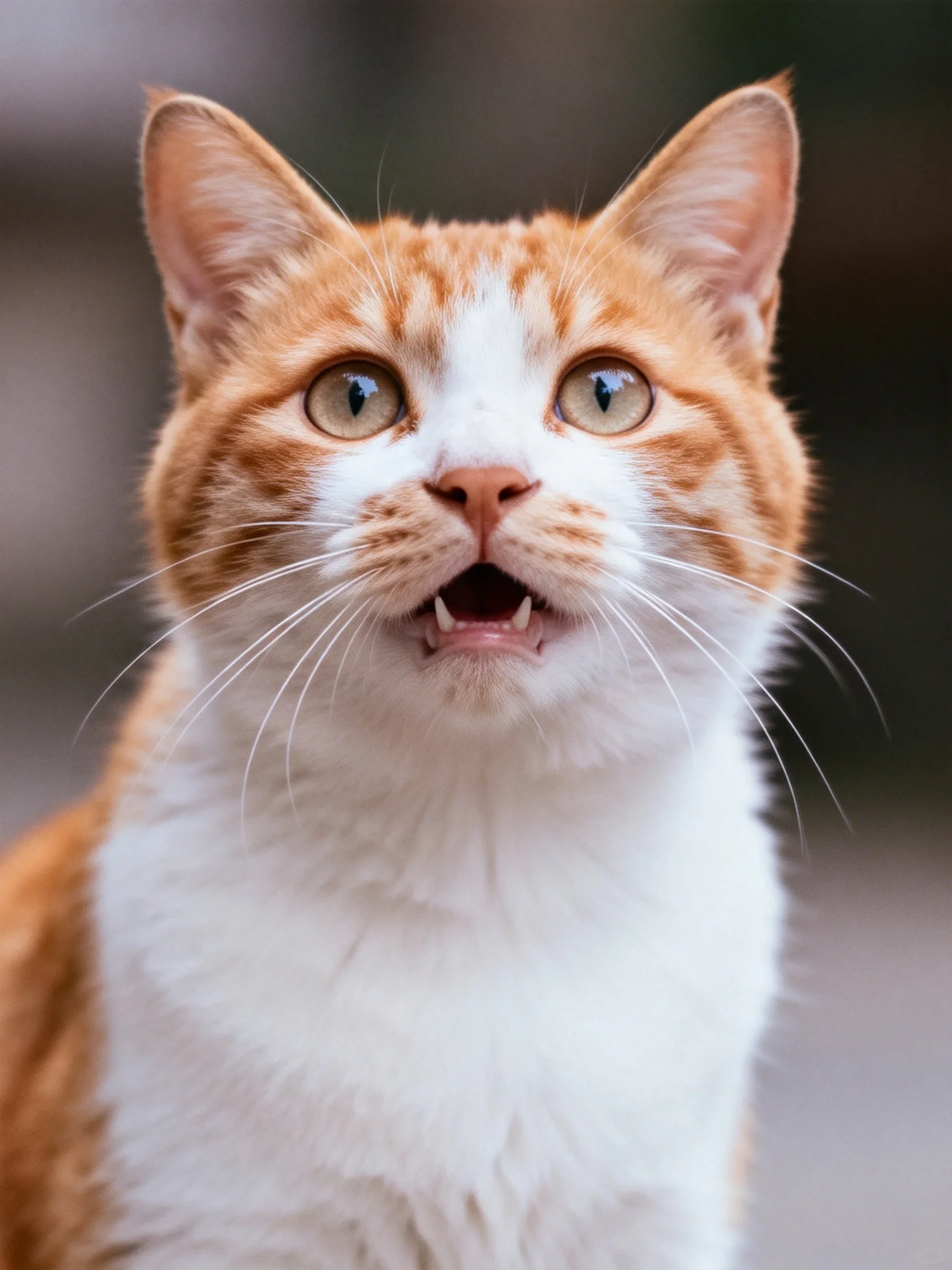 An orange and white cat displays an expressive look with wide eyes.