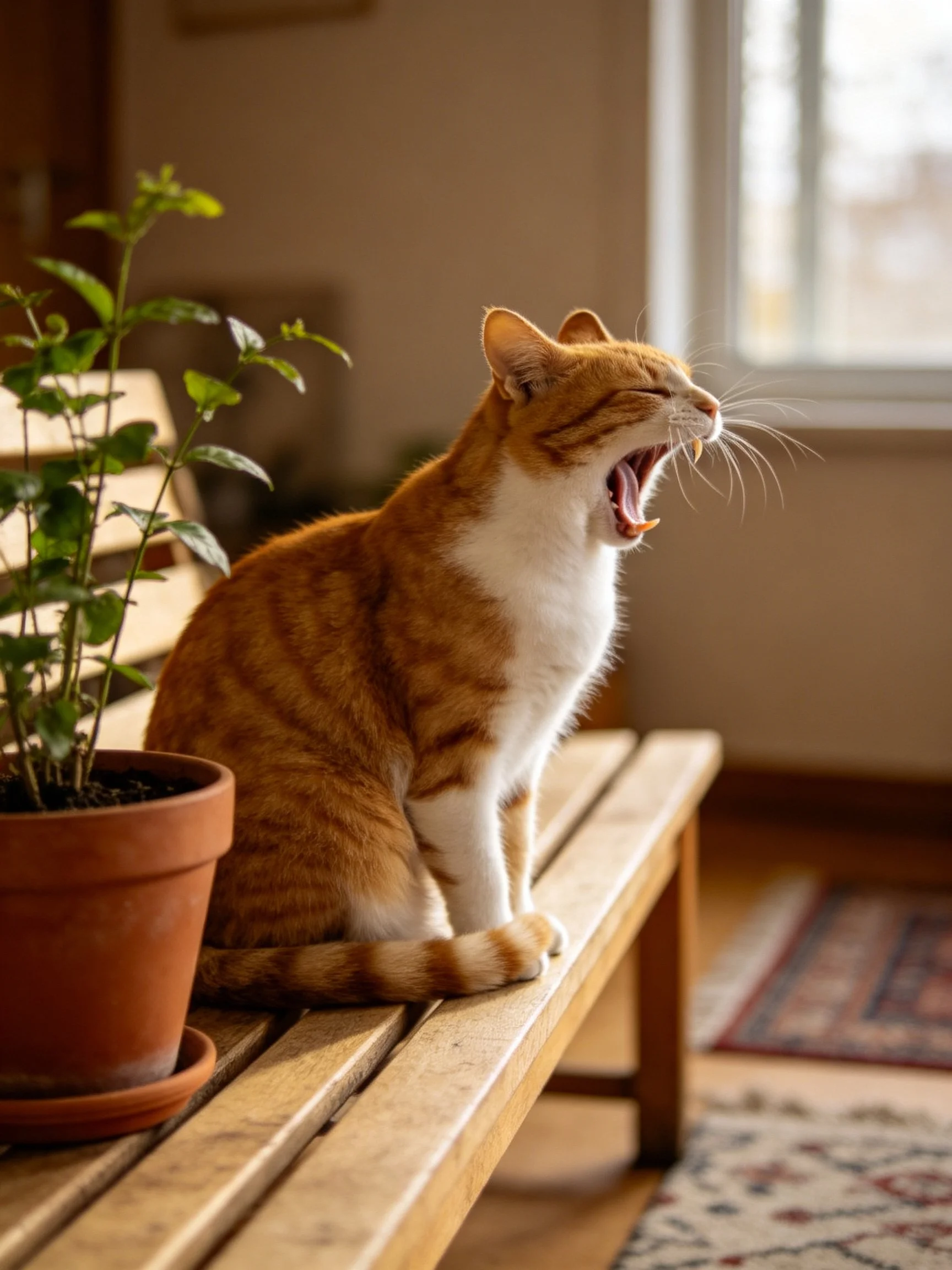 An orange and white cat yawns on a wooden bench near a potted plant.
