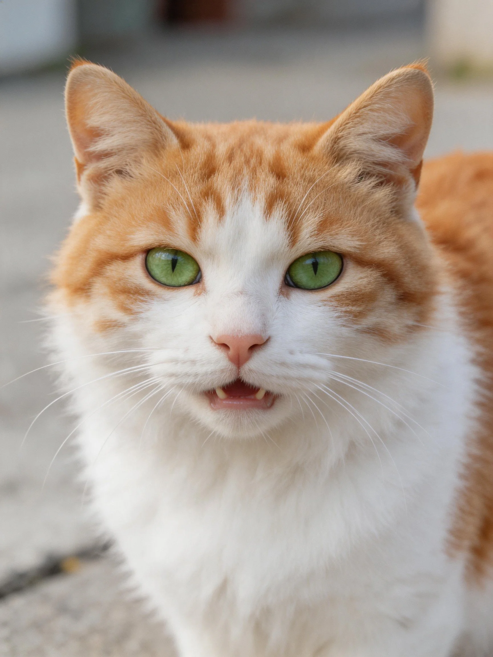 Orange and white furred cat with vivid green eyes staring directly