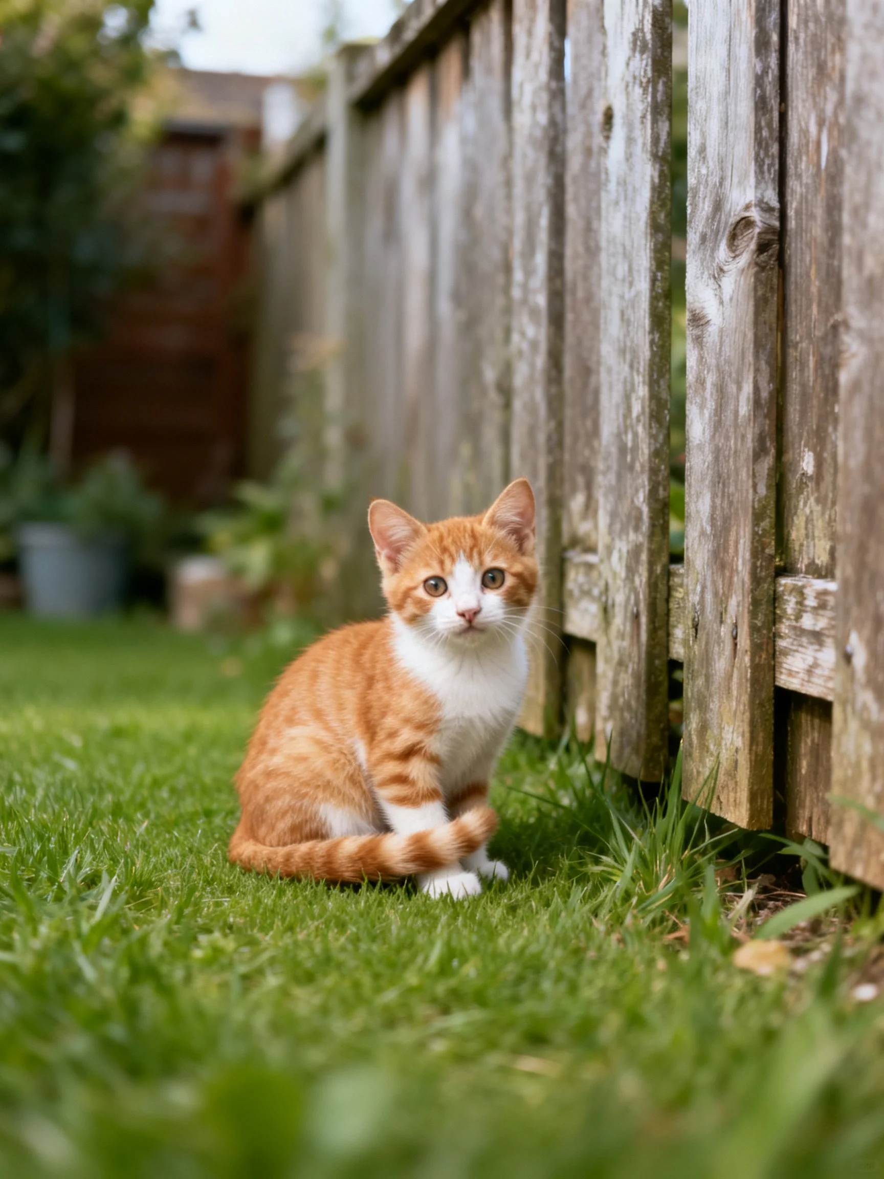 An orange and white kitten sits near a weathered wooden fence in a grassy area.
