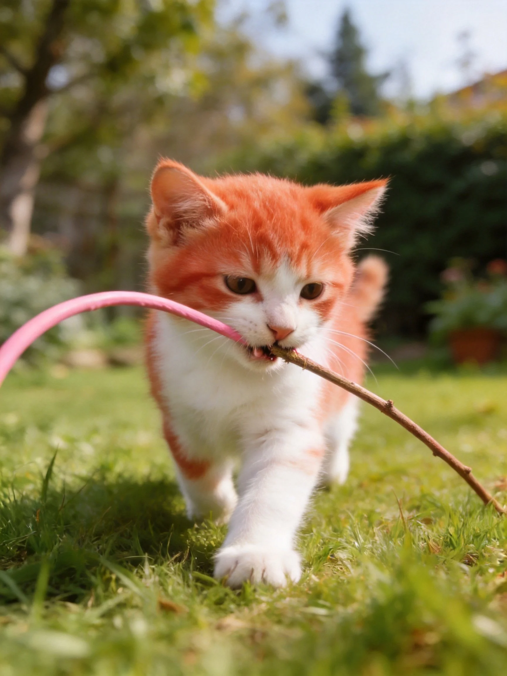 Orange and white kitten plays with branch and pink cord on grass