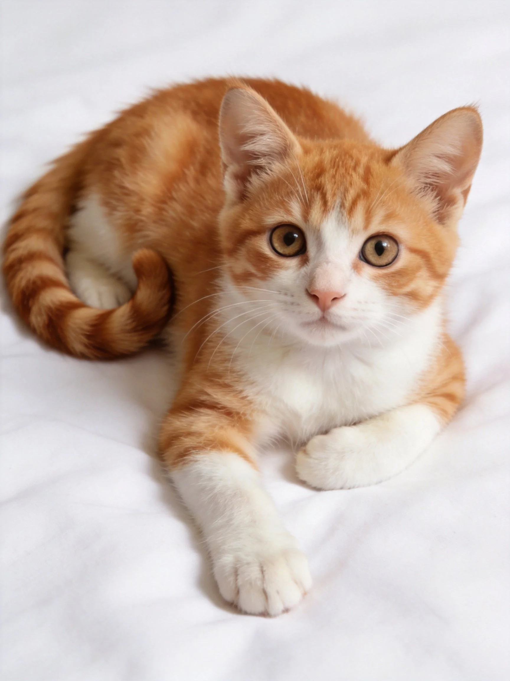 Orange and white kitten resting on white fabric