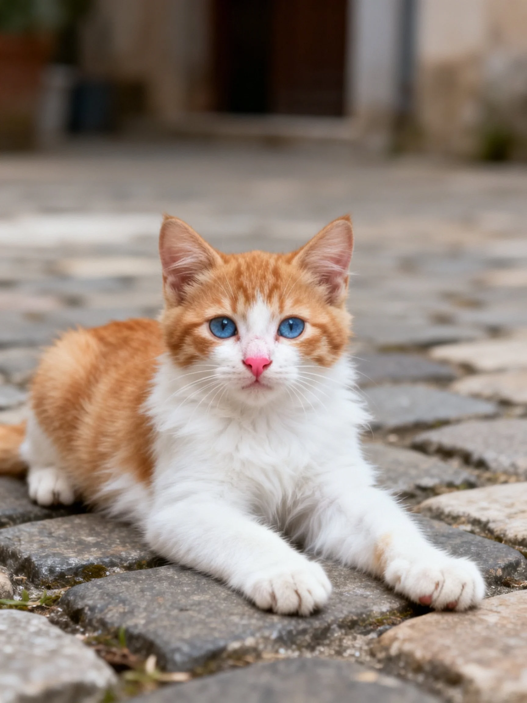 A small orange and white kitten with blue eyes rests on stone pavement.