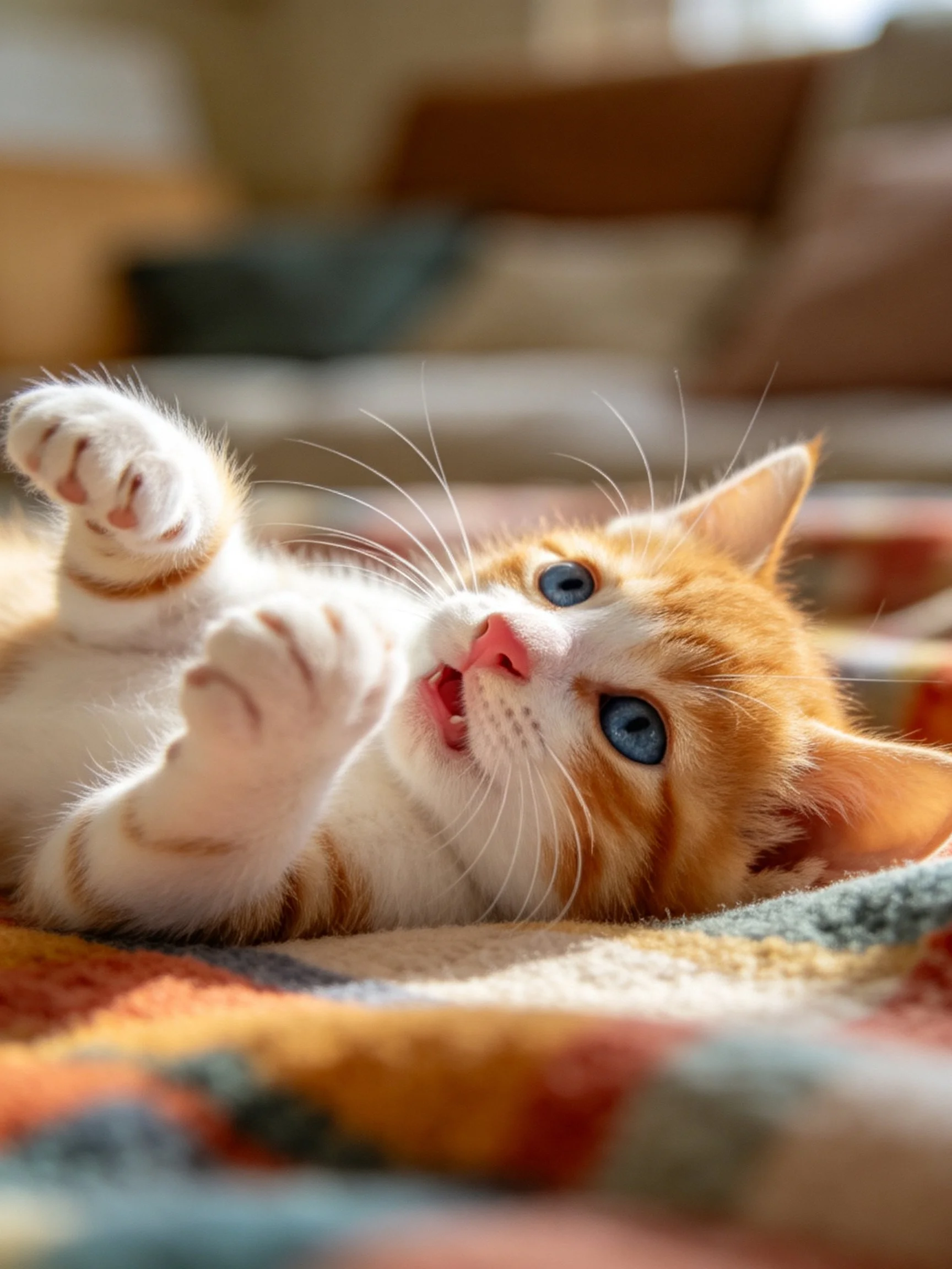 Orange and white kitten with blue eyes plays on a multicolored blanket