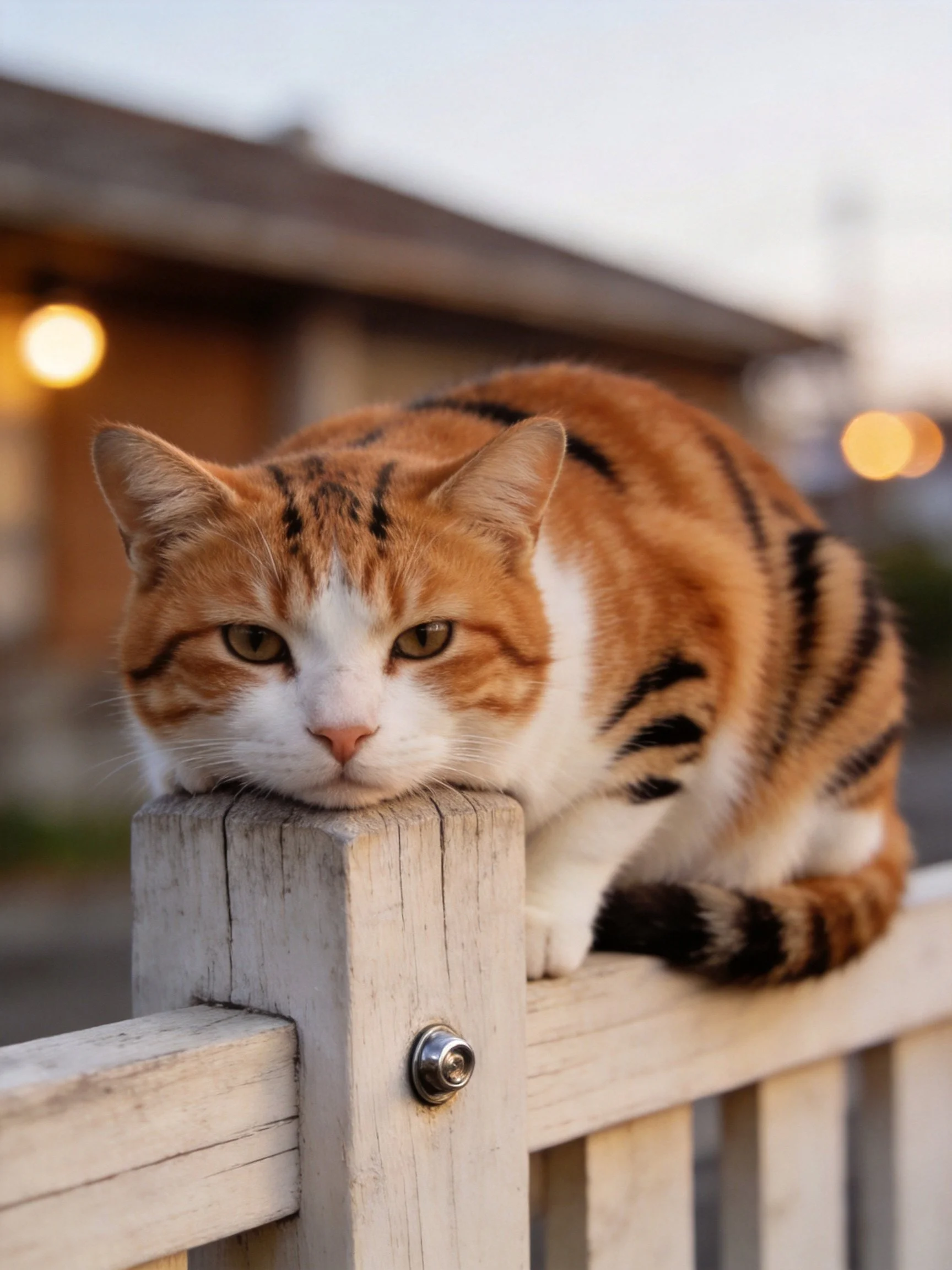 An orange and white tabby cat relaxes on a wooden fence near a house