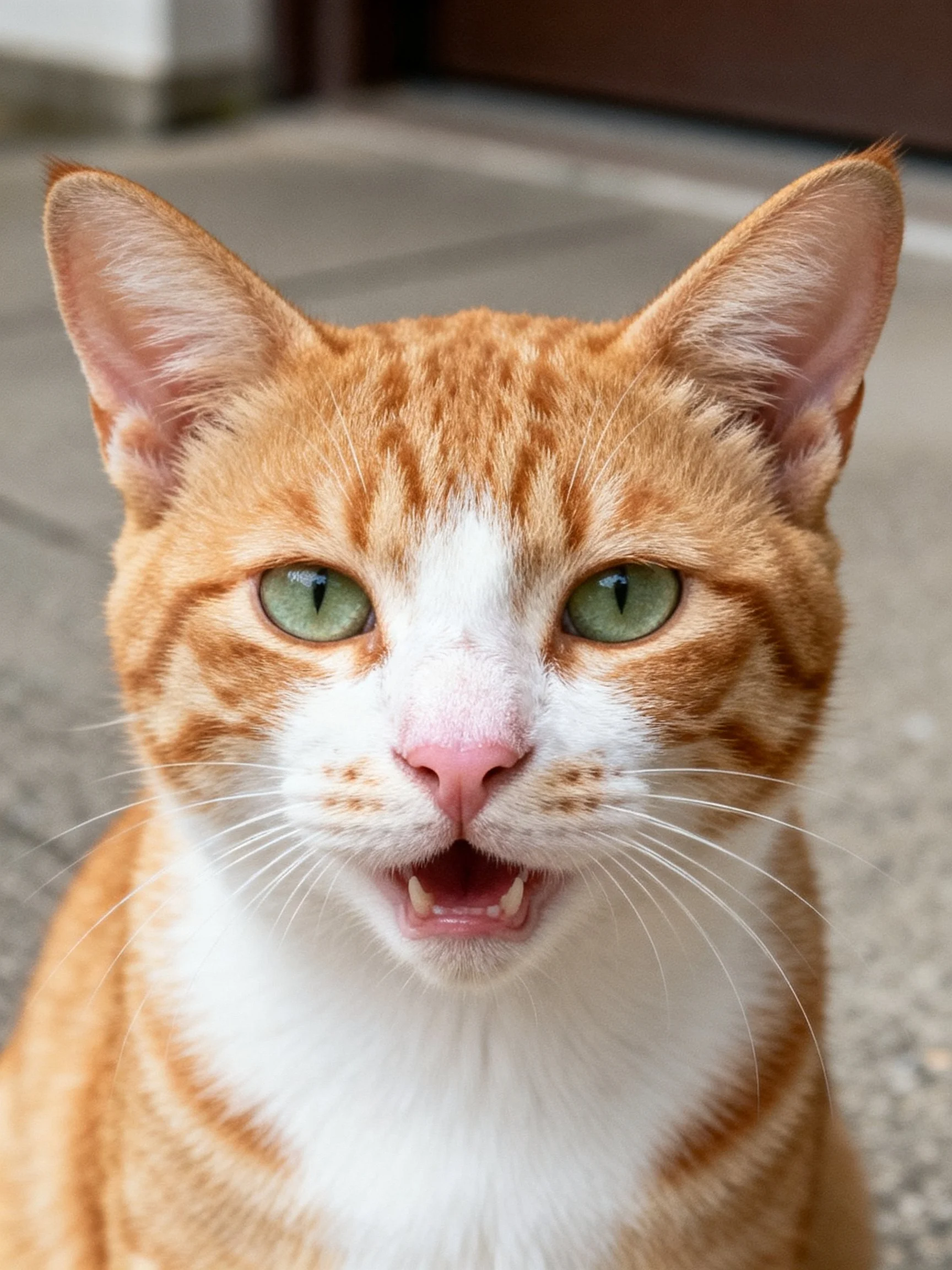 A close - up photograph of an orange and white tabby cat with green eyes.