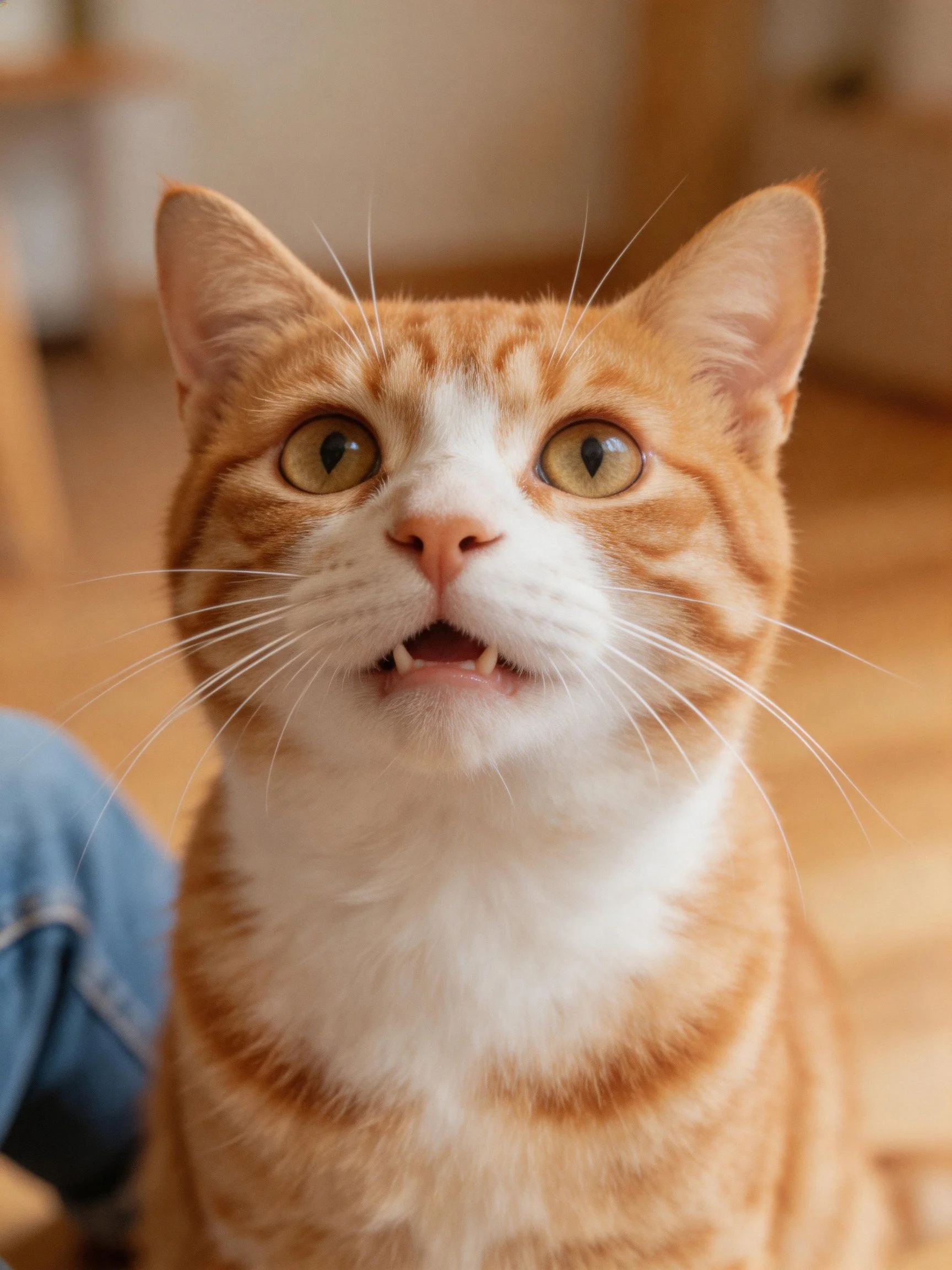 An orange and white tabby cat appears startled with wide eyes and an open mouth