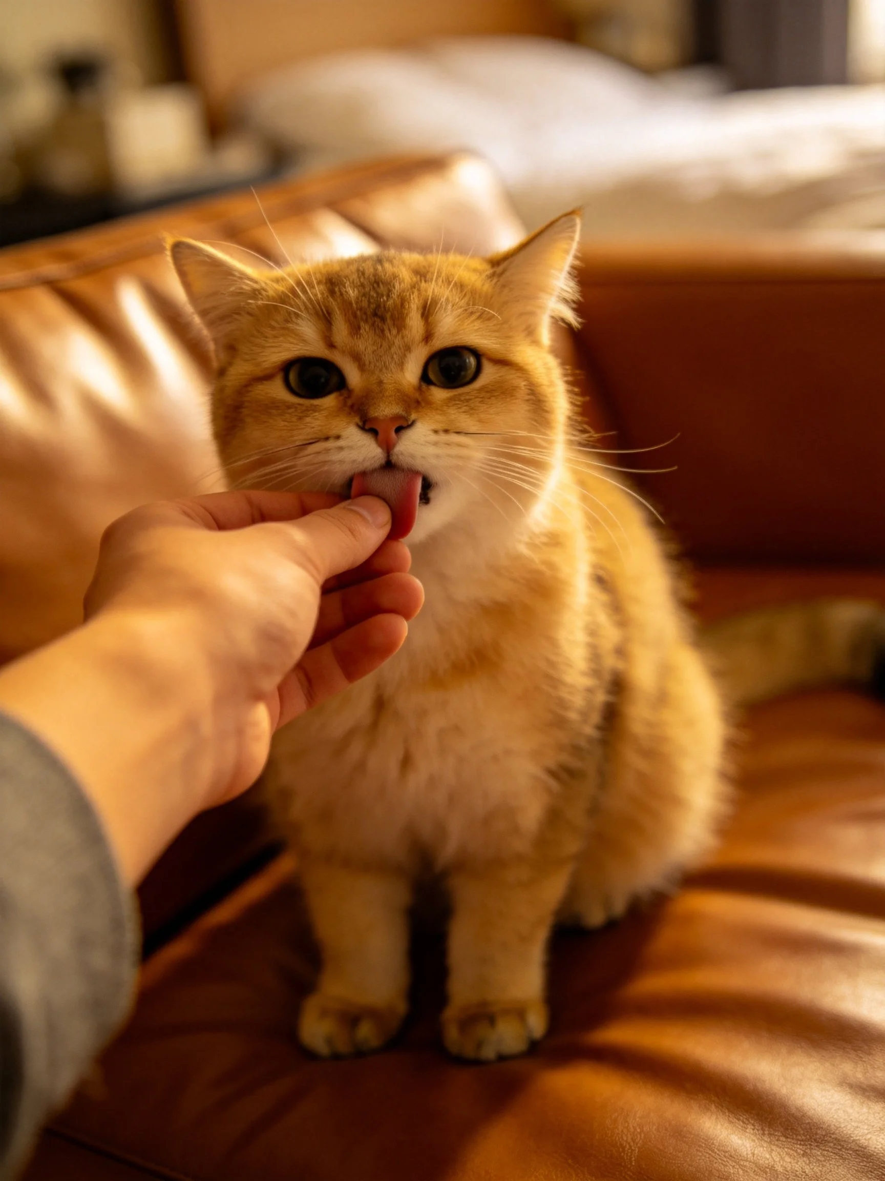 Orange cat eating treat on brown leather furniture