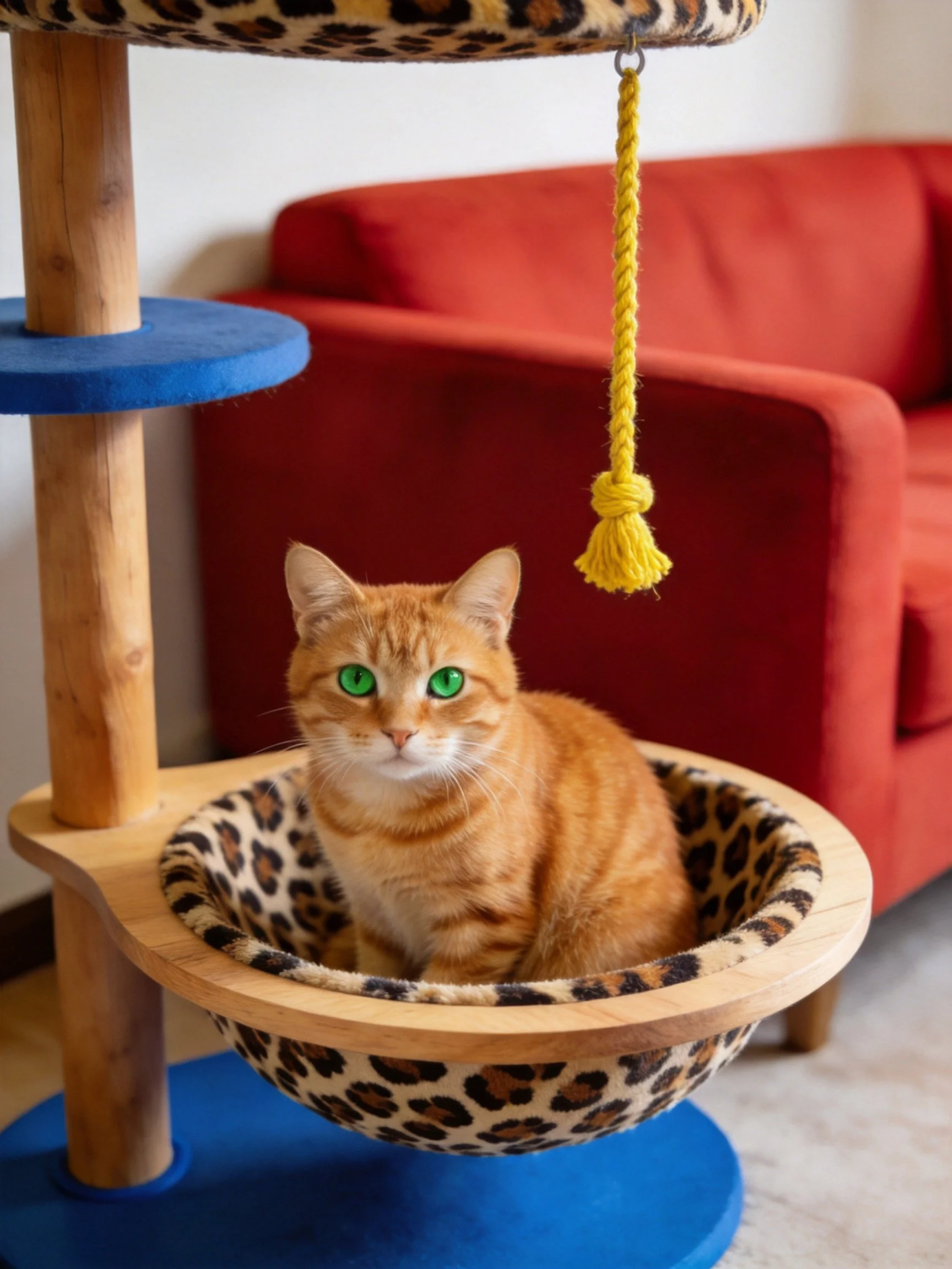 Orange cat in leopard-print bed with blue cat tree and red couch