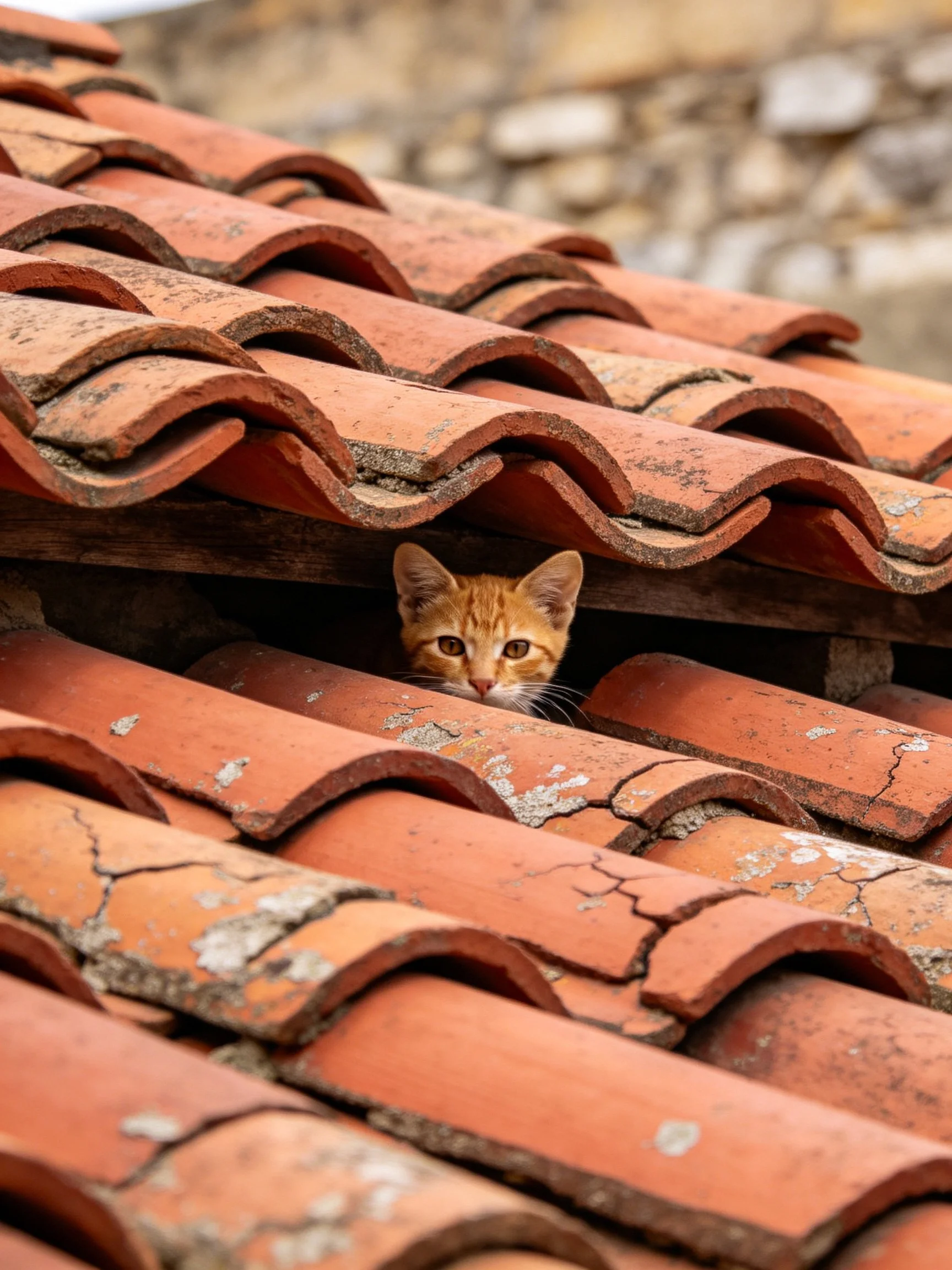 Orange cat peeks from aged terracotta roof tiles