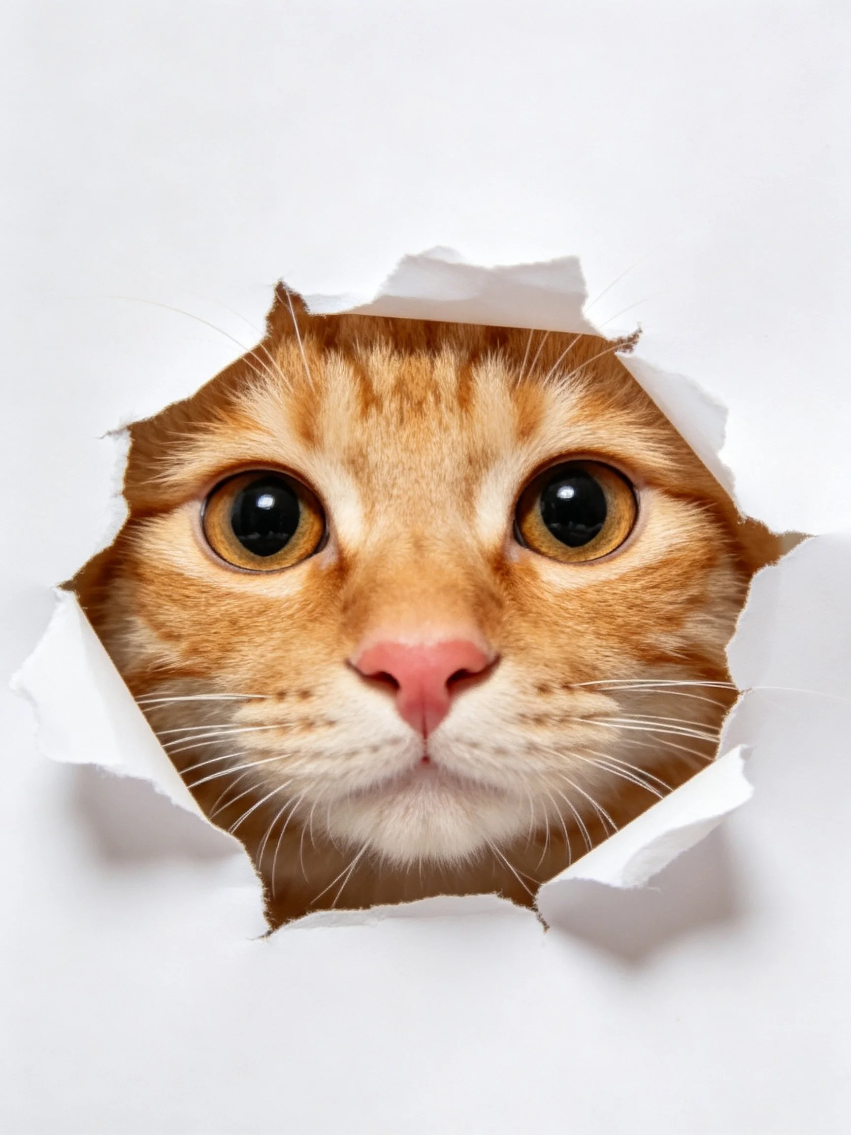 Orange cat peeks through torn white paper hole