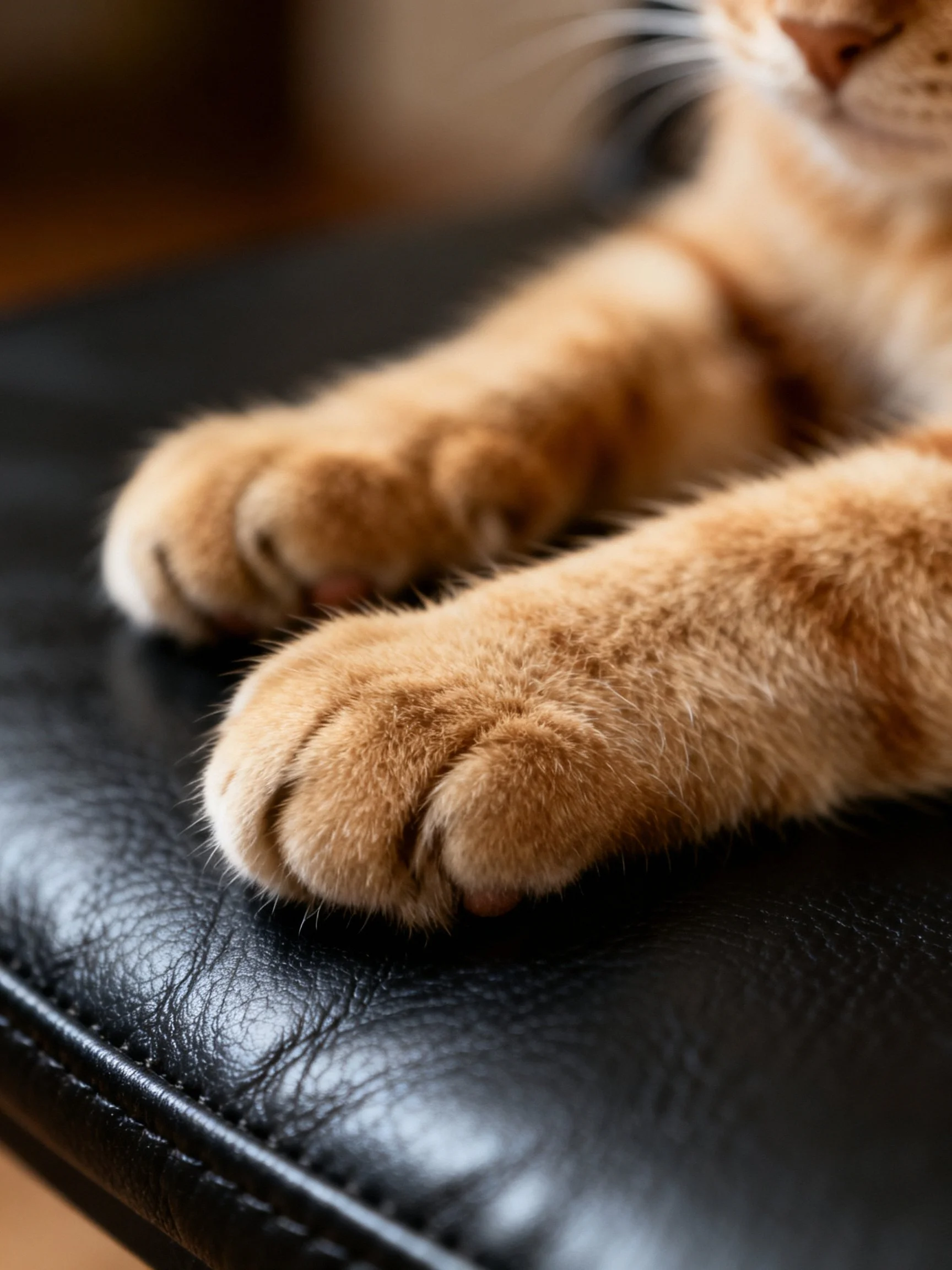 Orange cat’s soft paws rest on glossy black leather