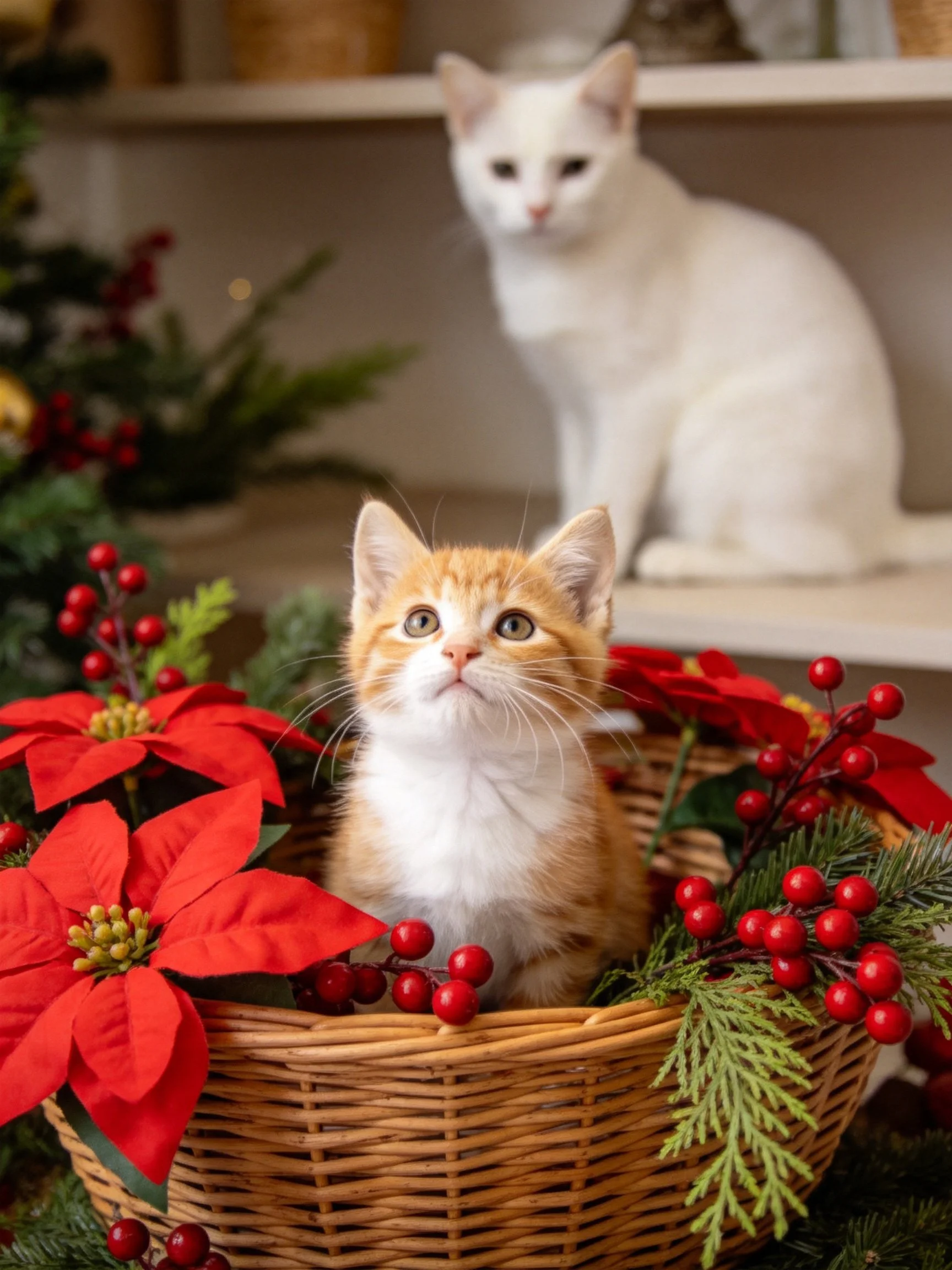 An orange kitten sits in a basket with red poinsettas, while a white cat observes from the