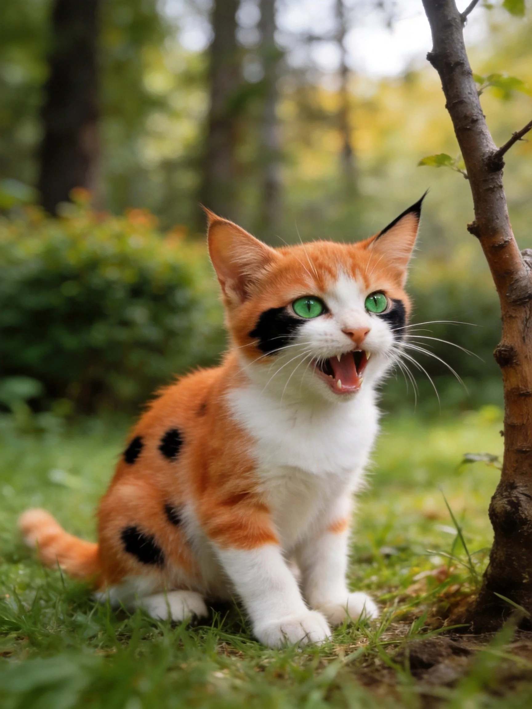 An orange-spotted kitten with green eyes sits near a tree in a lush outdoor setting.