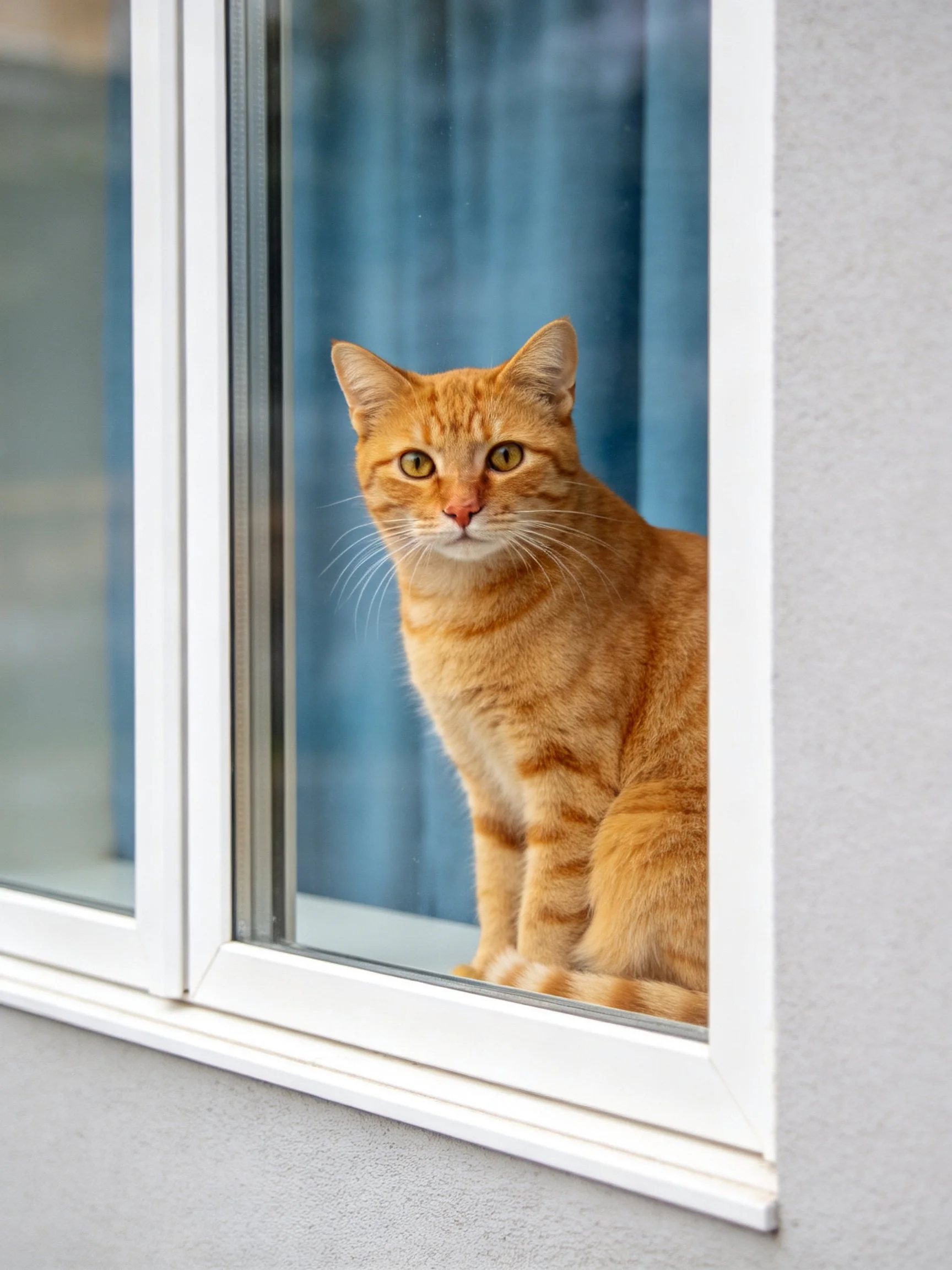 An orange tabby cat sits by a white-framed window.