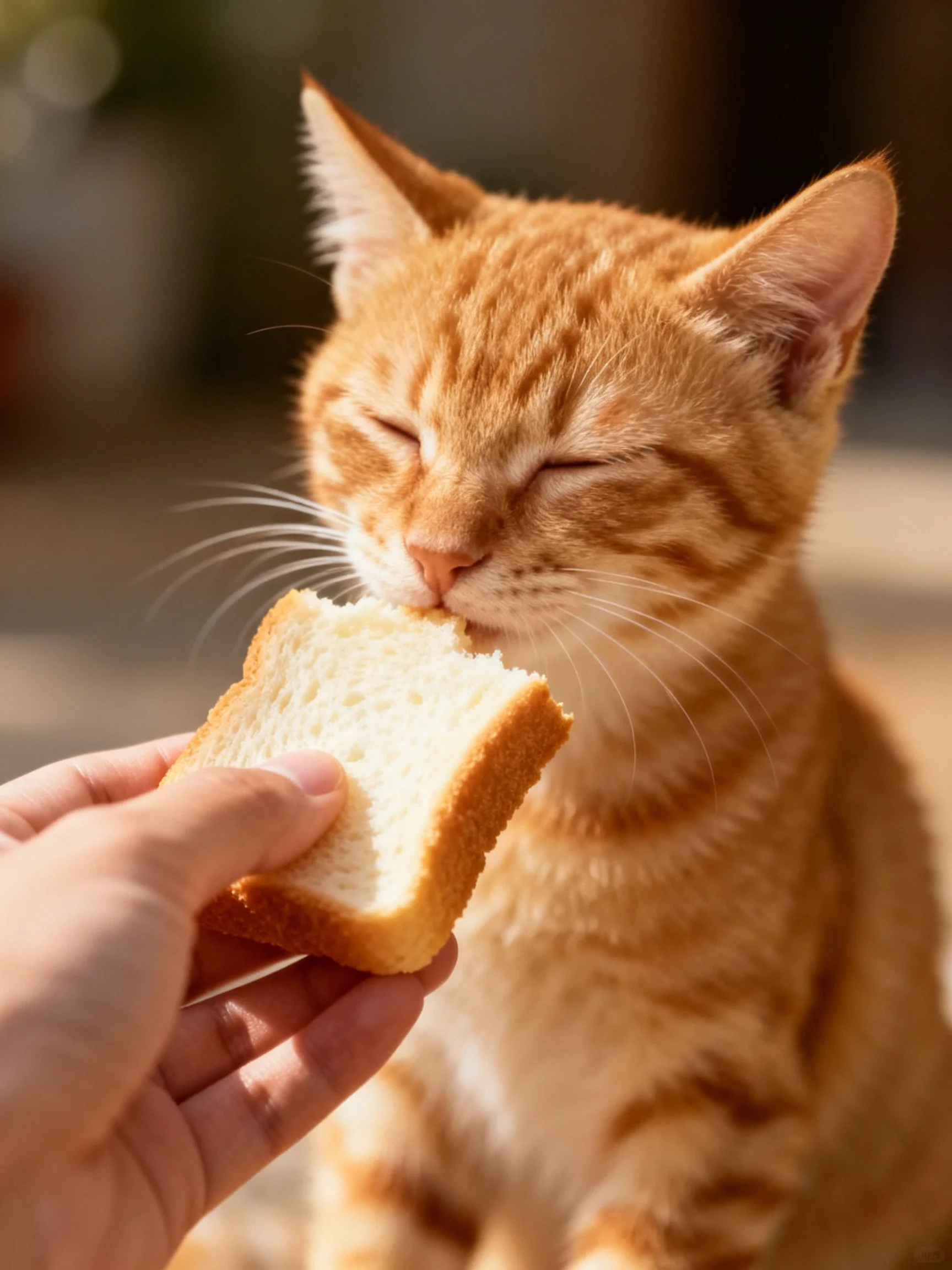 Orange tabby cat eating bread from a hand