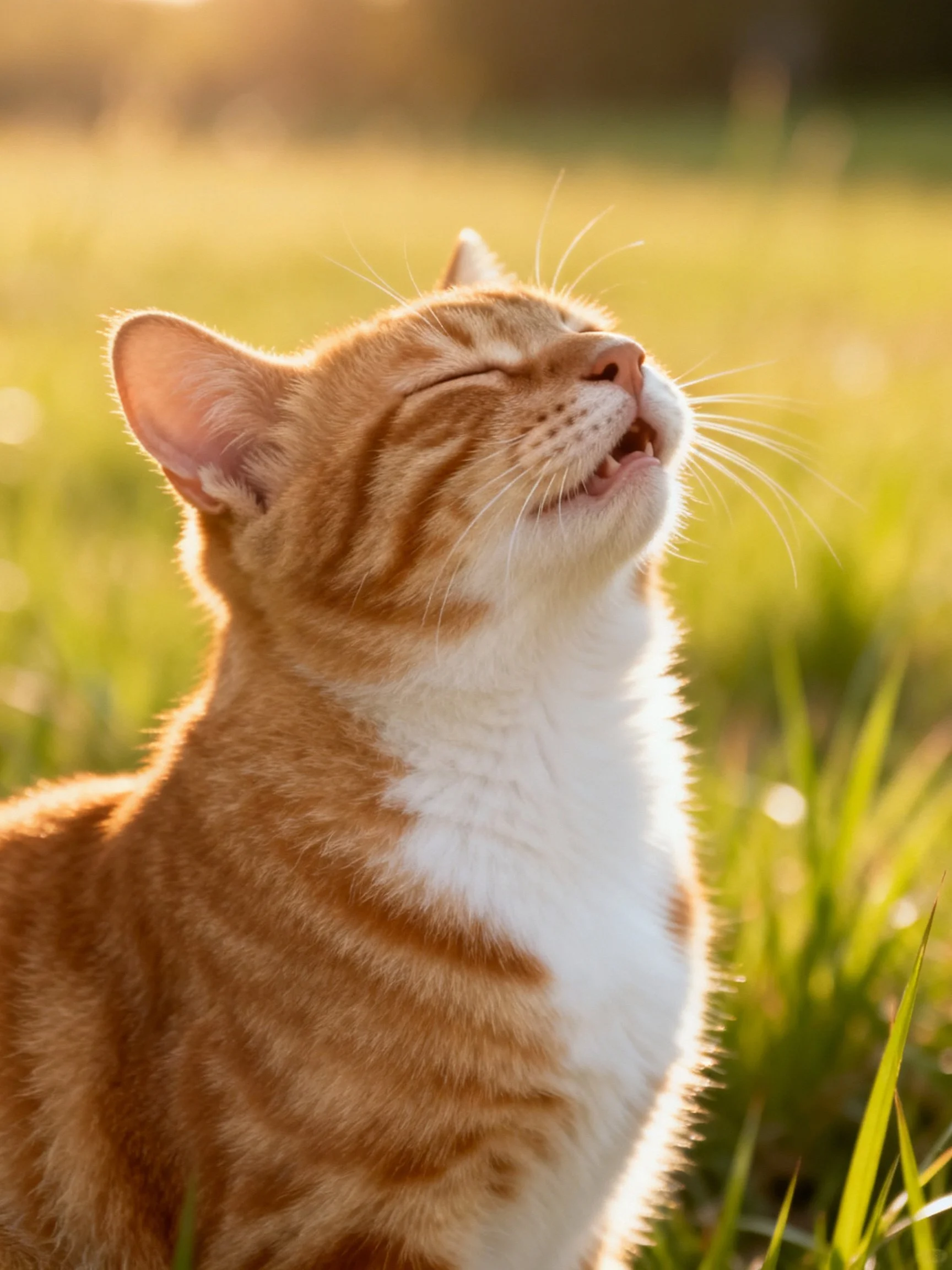 Orange tabby cat enjoying golden sunlight in grassy area