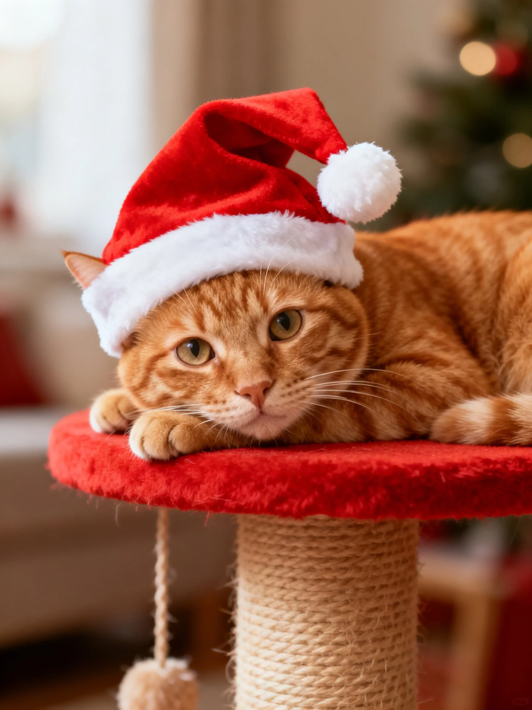 Orange tabby cat in Santa hat on red perch