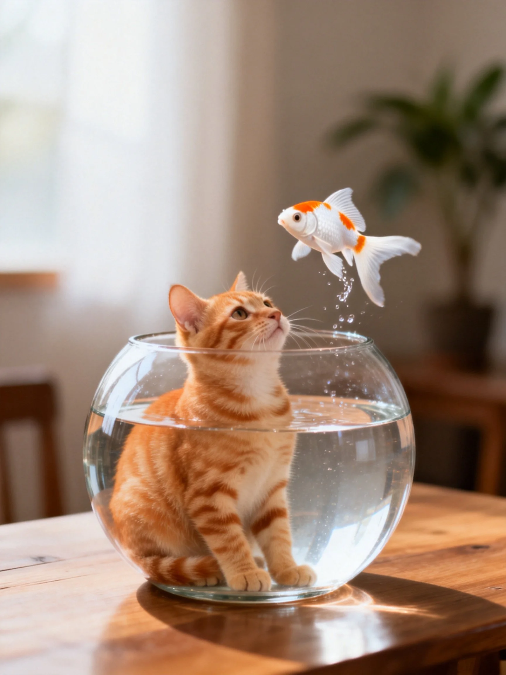 Orange tabby cat watches goldfish leap from glass fishbowl.