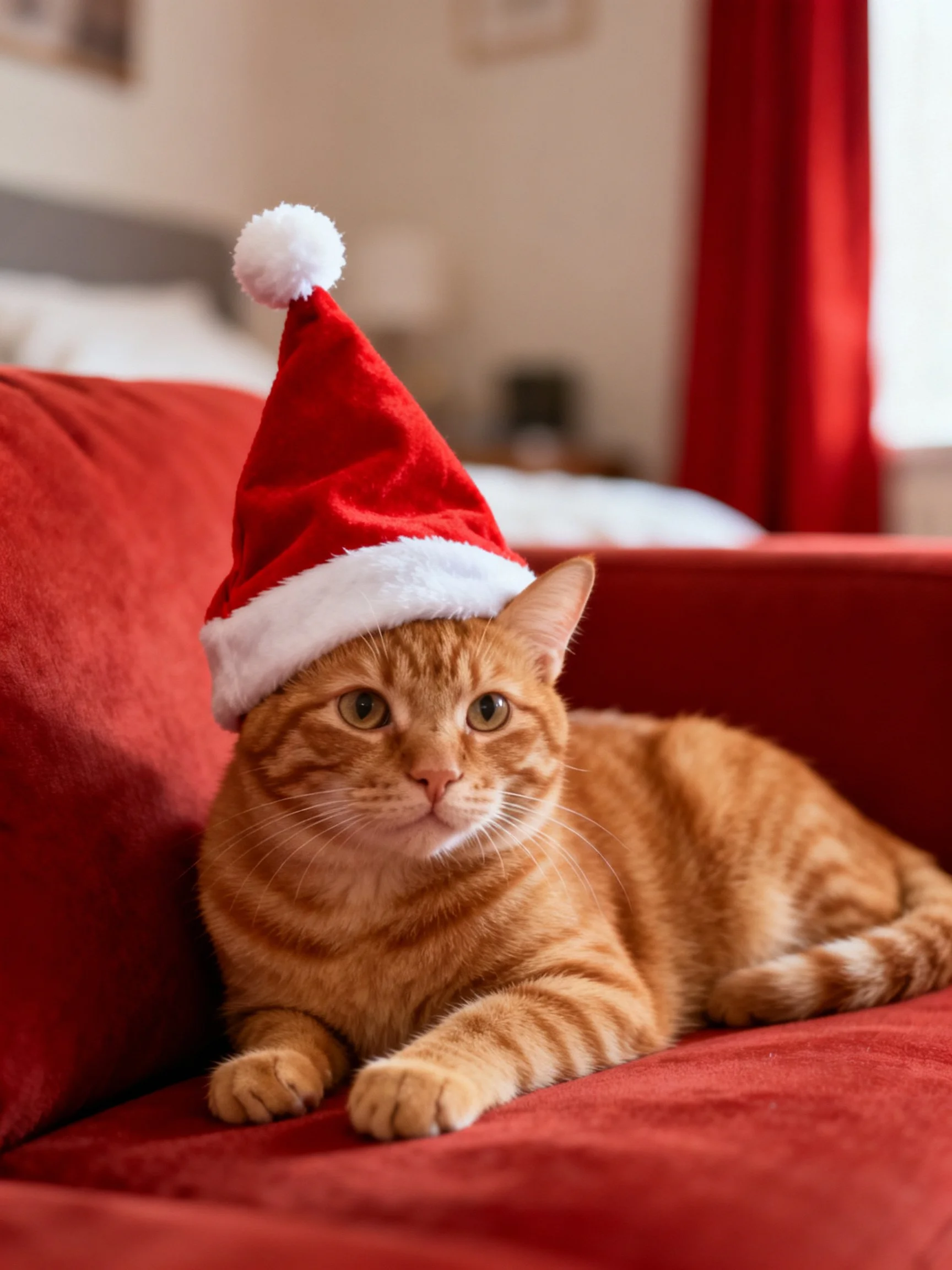 Orange tabby cat in red Santa hat on plush red couch