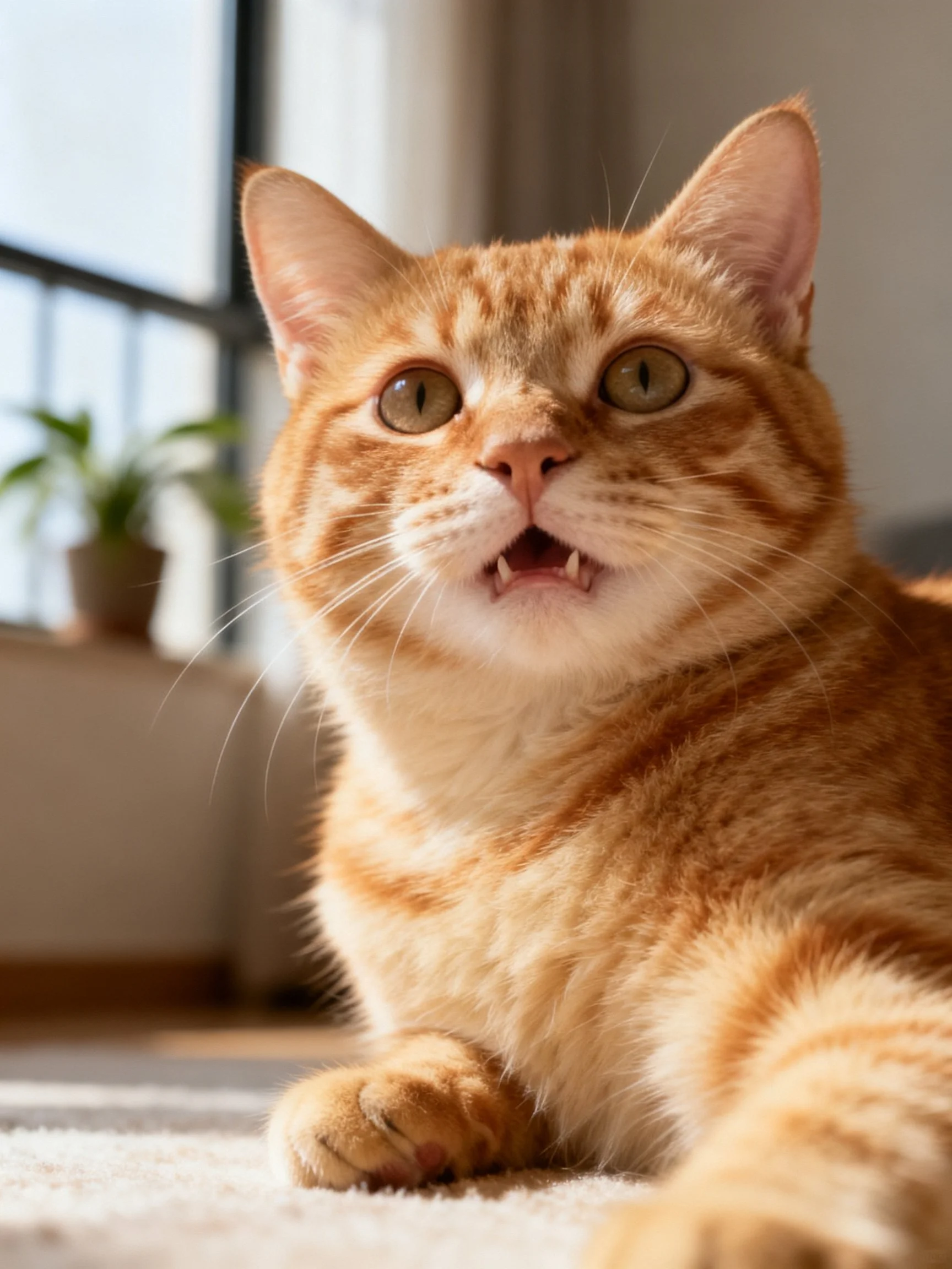 An orange tabby cat relaxes on a carpet in a sunlit room.