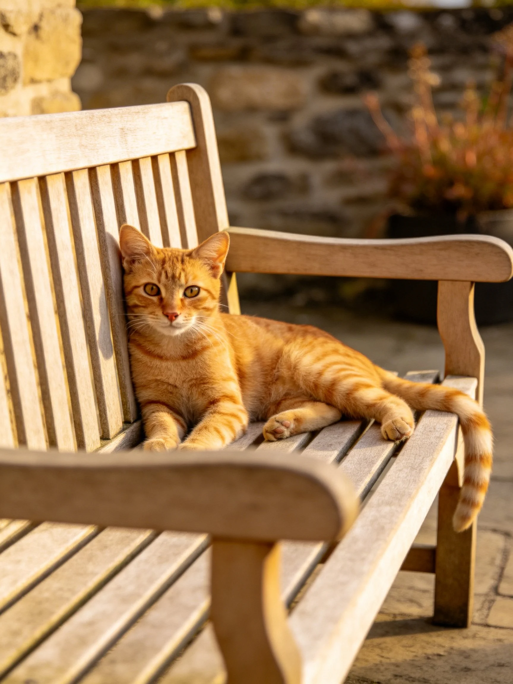 Orange tabby cat lounges on wooden bench near stone wall