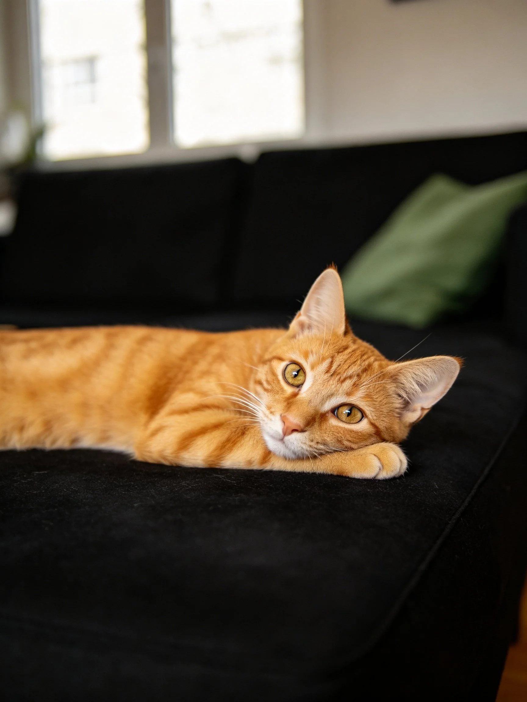 Orange tabby cat lounging on black sofa with green cushion