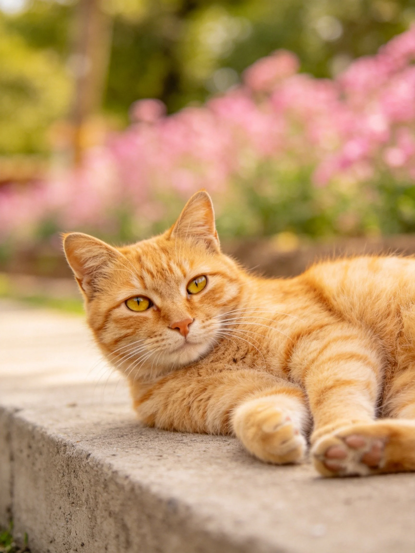 Orange tabby cat lounging on concrete ledge by pink blooms
