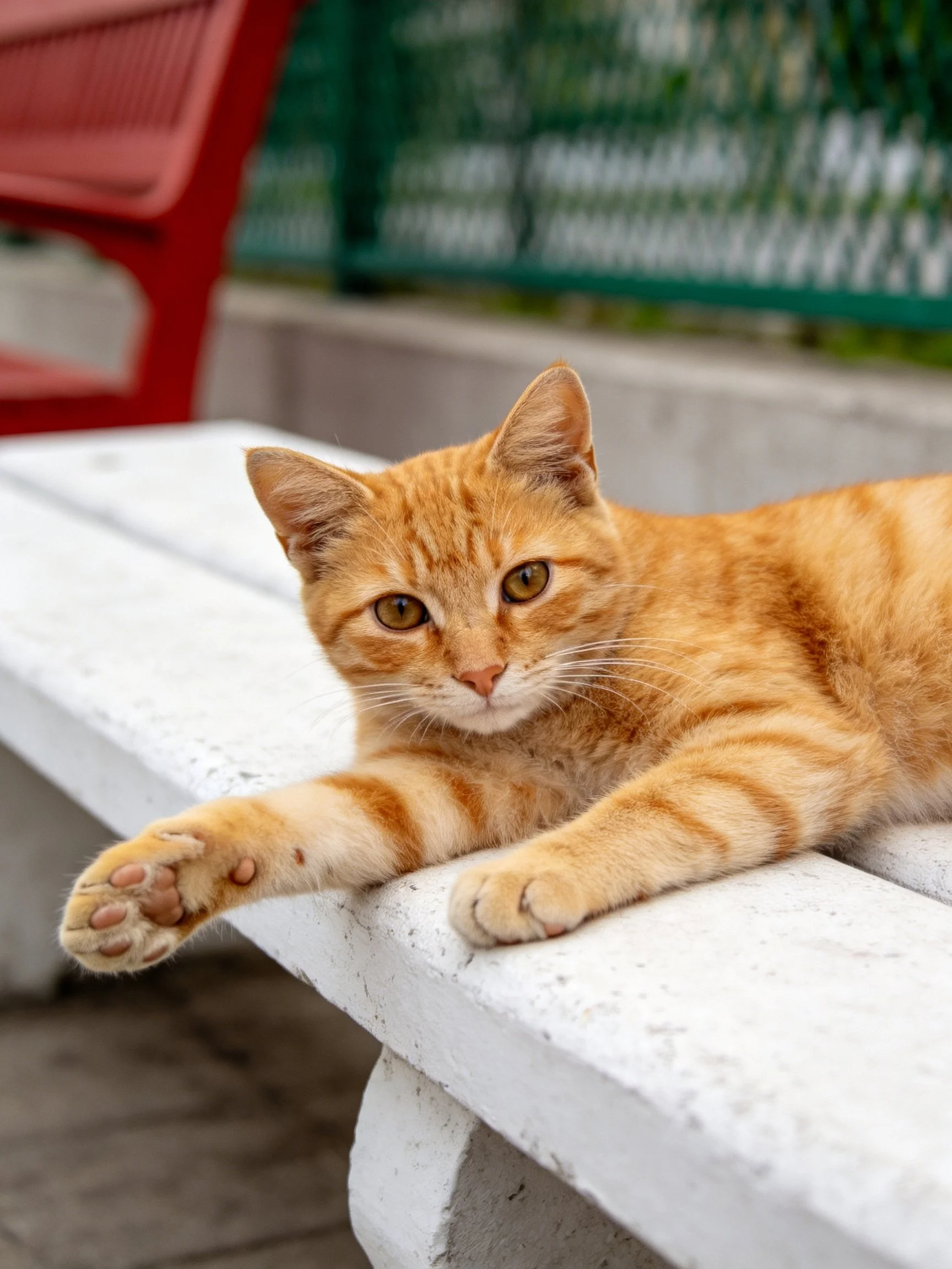 Orange tabby cat lounging on white bench outdoors