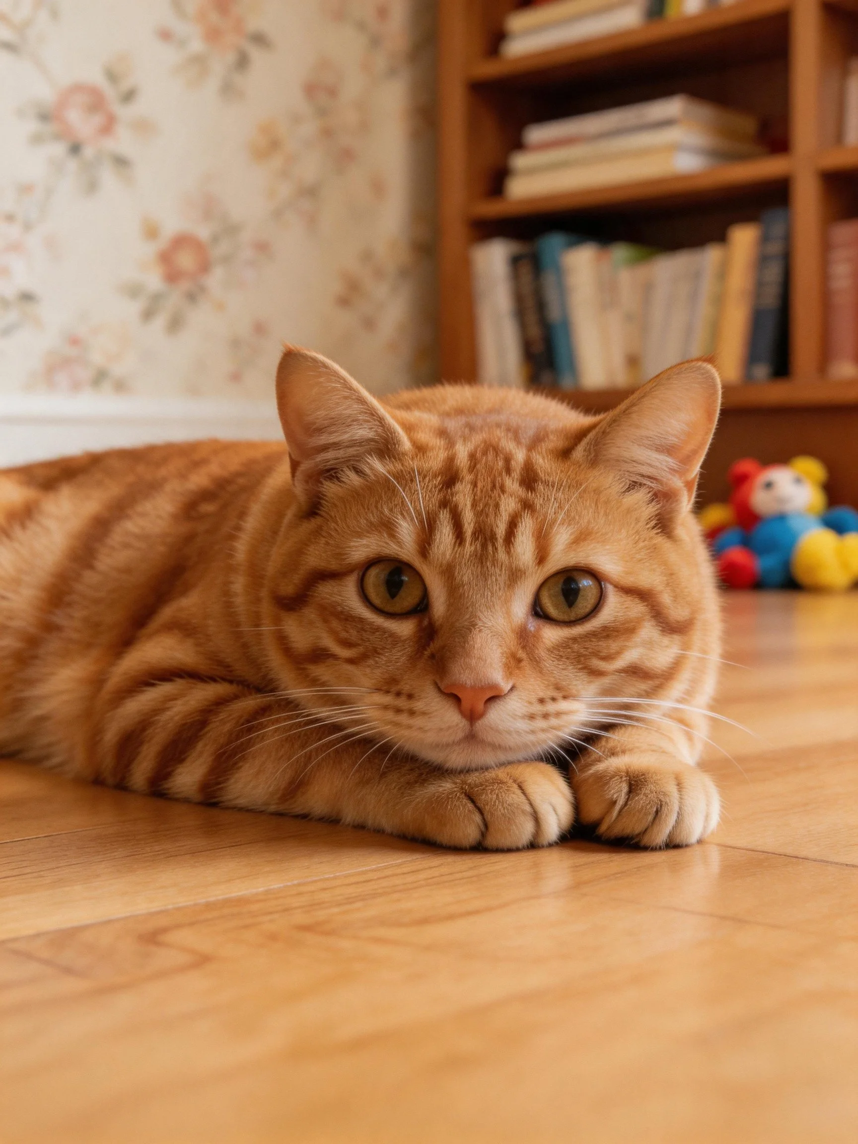 Orange tabby cat lounging on wooden floor by bookshelf
