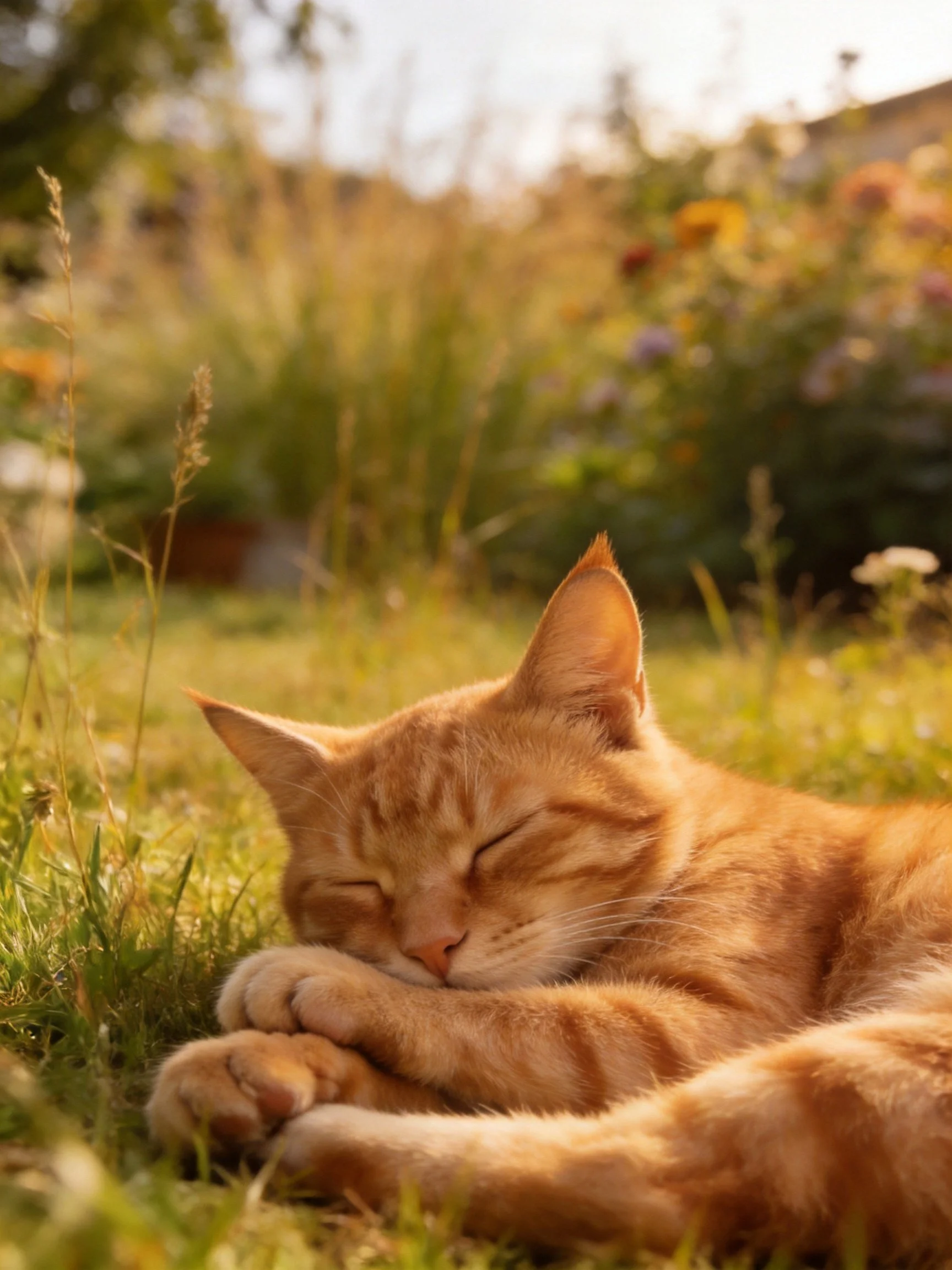 An orange tabby cat sleeps peacefully on grass in a sunlit outdoor space.
